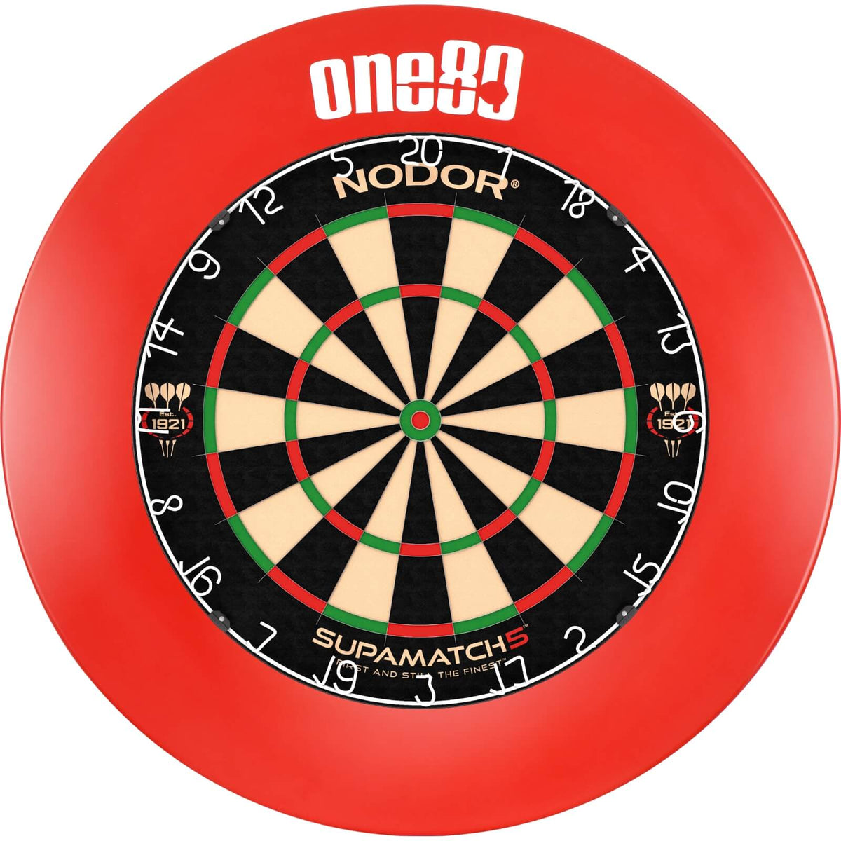Surrounds &amp; Dartboards - One80 - Printed Dartboard Surround &amp; Dartboard Bundle - Choose Your Board Red / Nodor - Supamatch 5