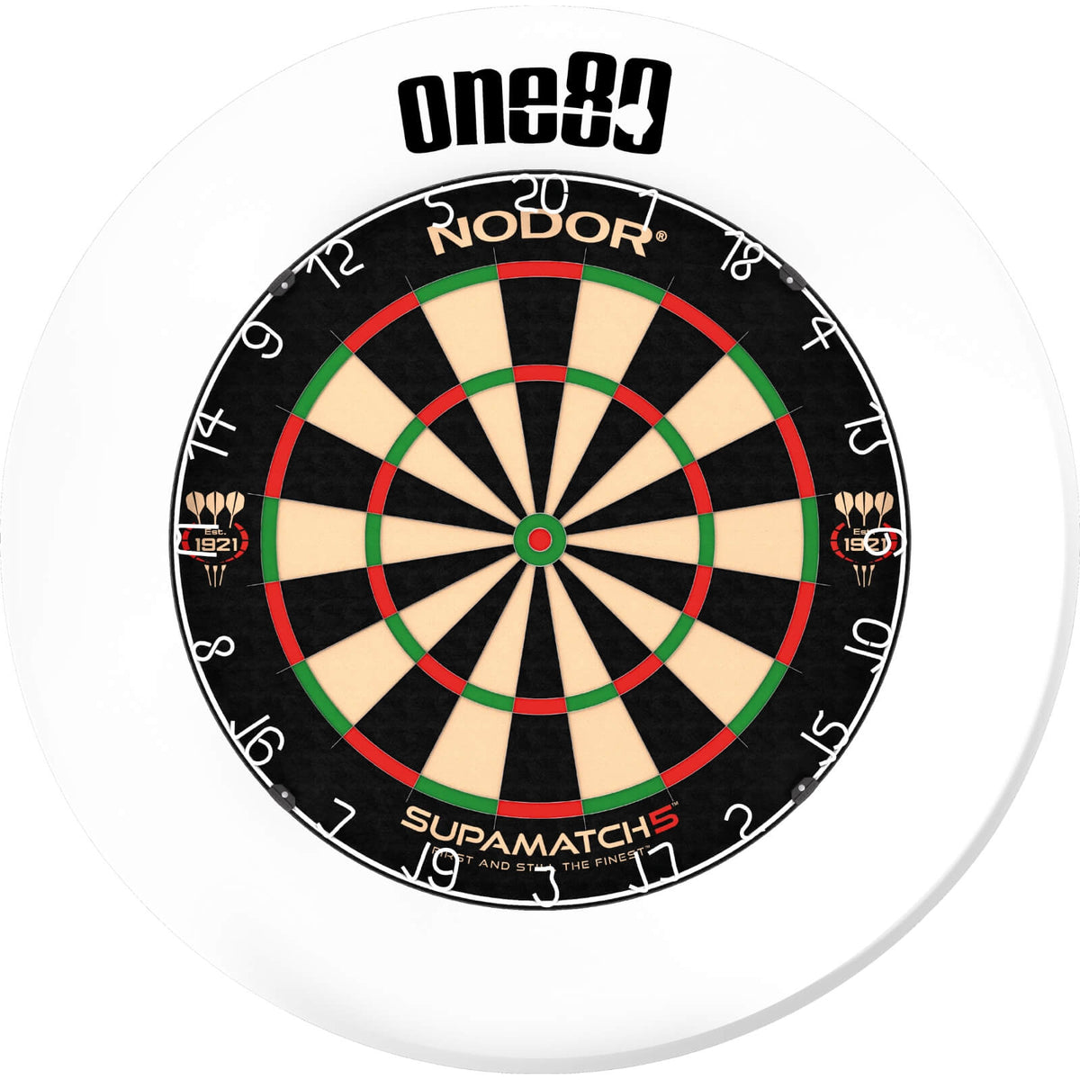 Surrounds &amp; Dartboards - One80 - Printed Dartboard Surround &amp; Dartboard Bundle - Choose Your Board White / Nodor - Supamatch 5