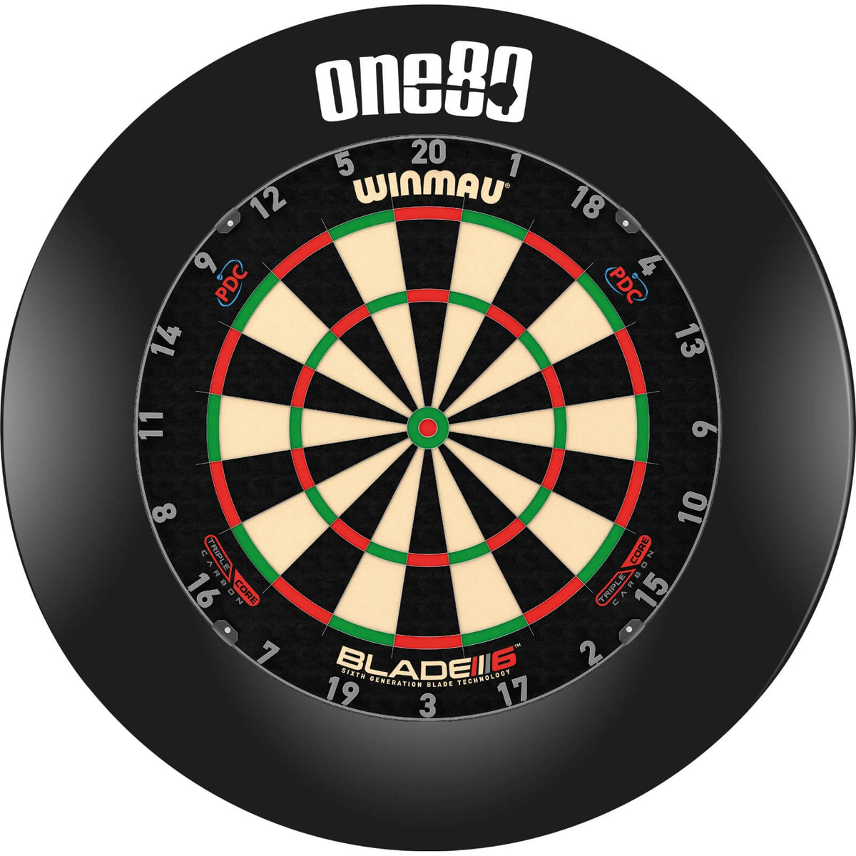 Surrounds &amp; Dartboards - One80 - Printed Dartboard Surround &amp; Dartboard Bundle - Choose Your Board Black / Winmau - Blade 6 Triple Core