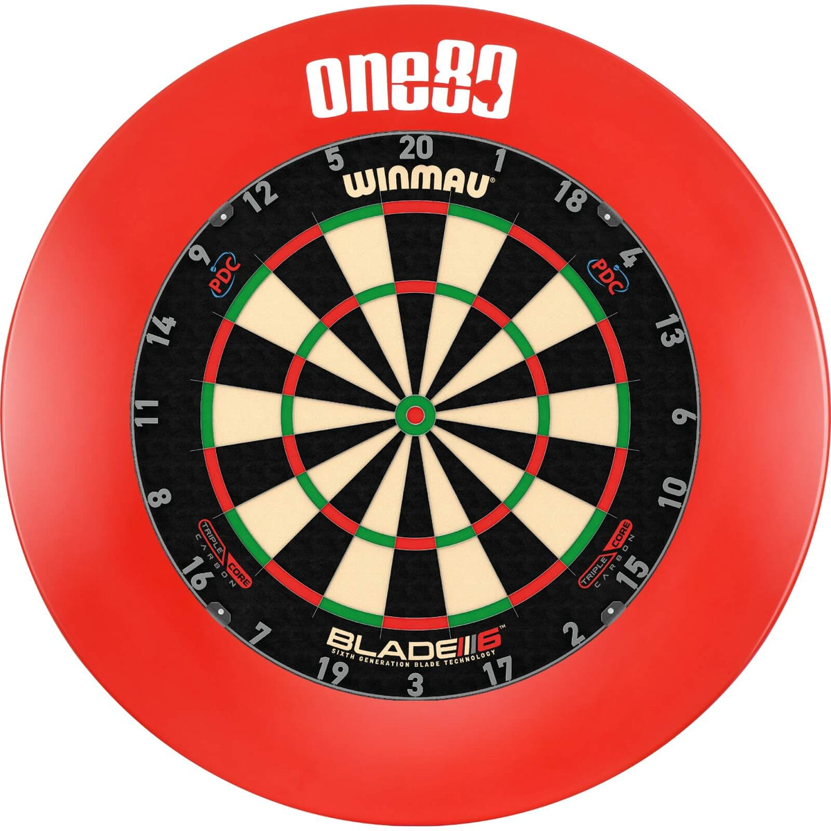 Surrounds &amp; Dartboards - One80 - Printed Dartboard Surround &amp; Dartboard Bundle - Choose Your Board Red / Winmau - Blade 6 Triple Core