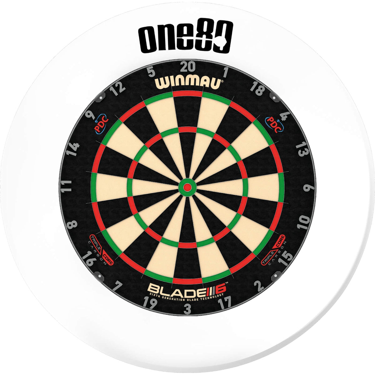 Surrounds &amp; Dartboards - One80 - Printed Dartboard Surround &amp; Dartboard Bundle - Choose Your Board White / Winmau - Blade 6 Triple Core