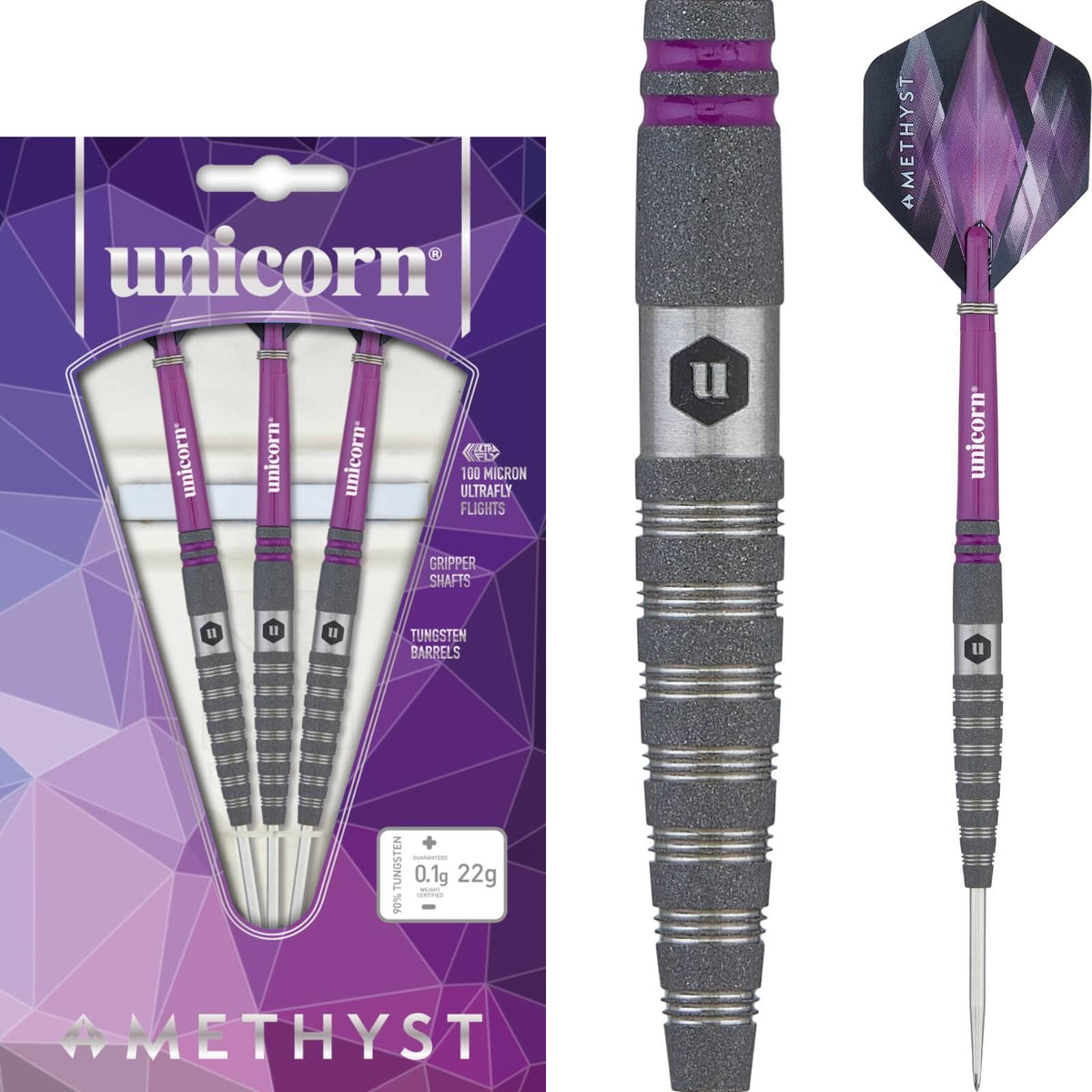 Darts - Unicorn - Amethyst Style 4 Darts - Steel Tip - 90% Tungsten - 20g 22g 