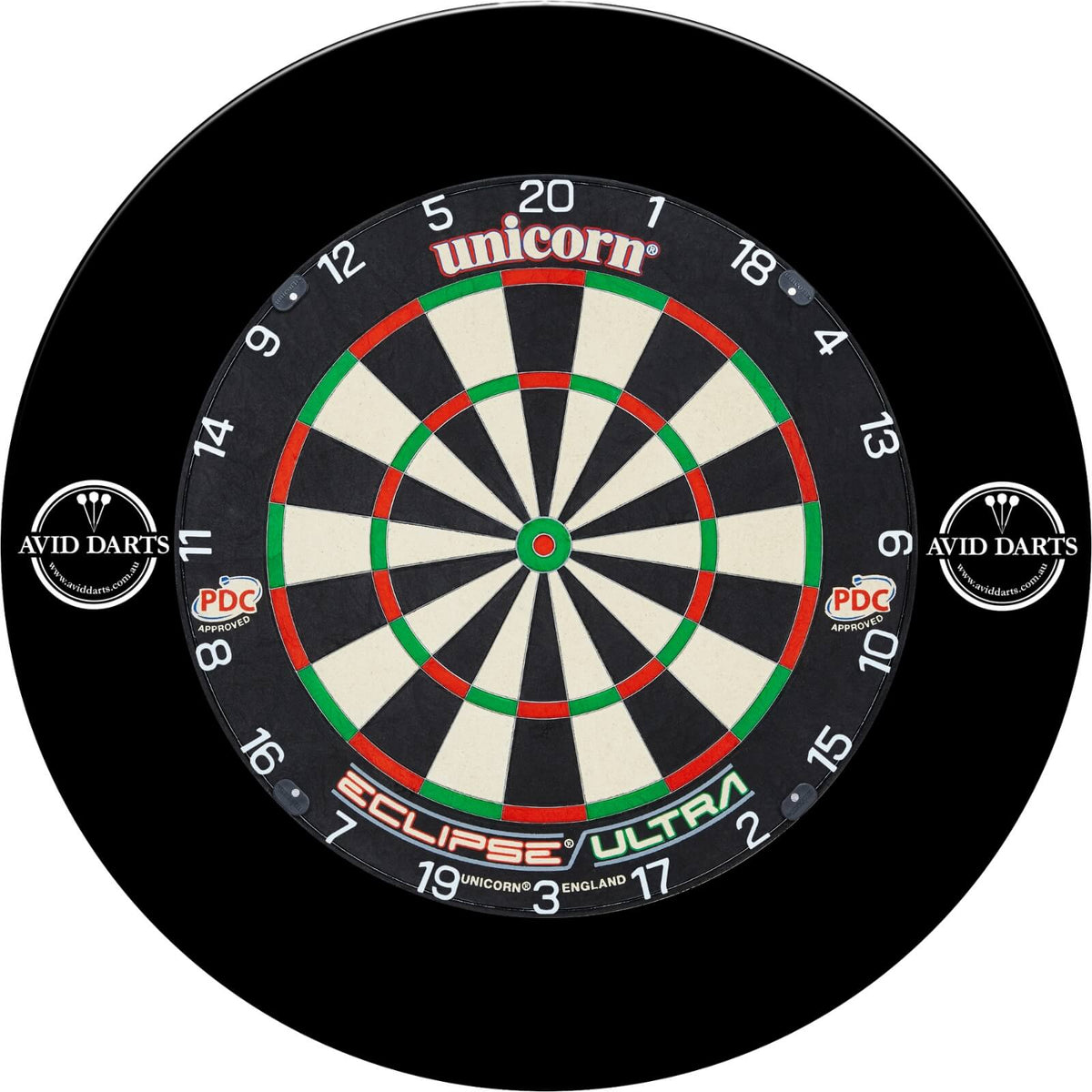Surrounds &amp; Dartboards - Avid Darts - Side Logo Dartboard Surround &amp; Dartboard Bundle - Choose Your Board Unicorn - Eclipse Ultra