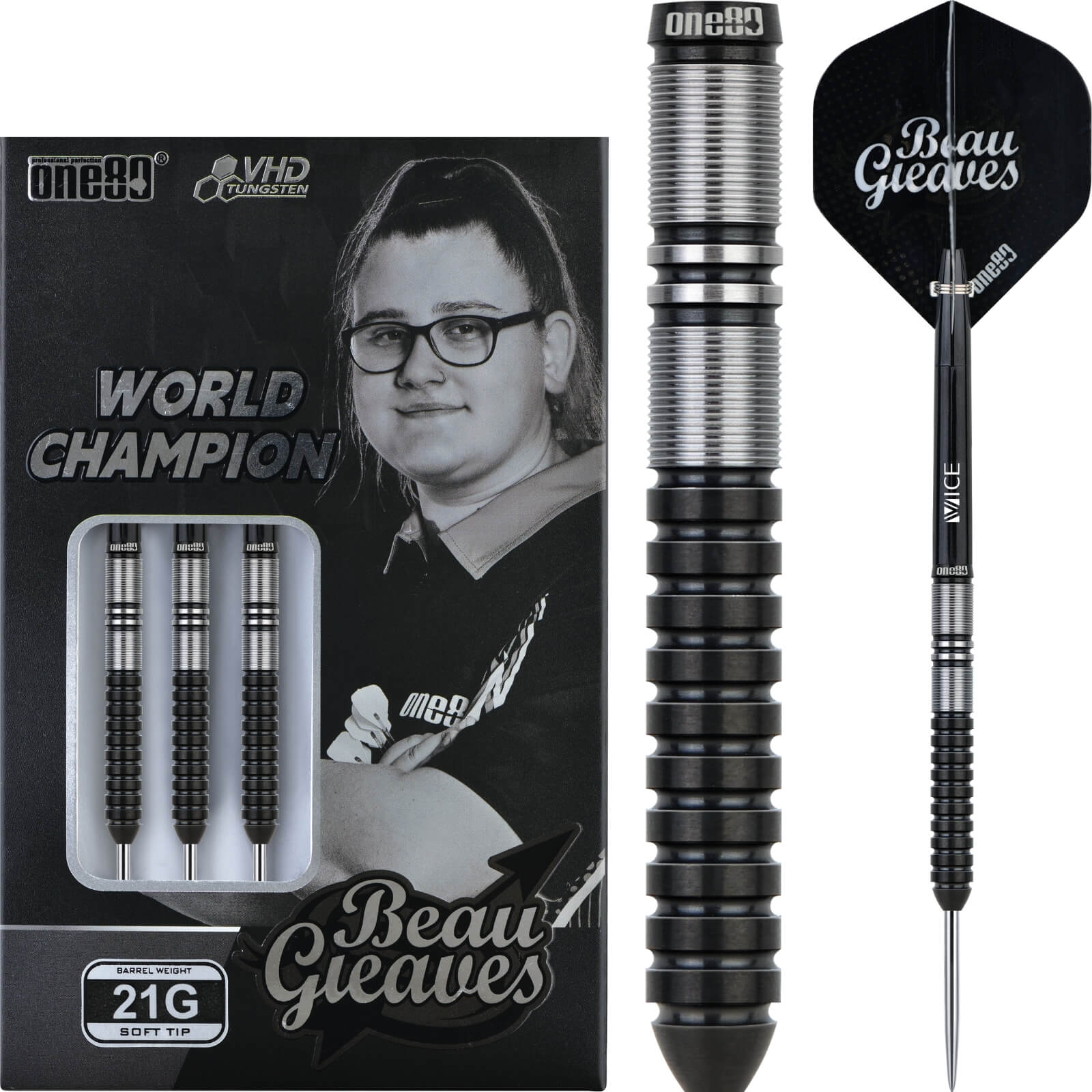 Darts - One80 - Beau Greaves Black World Champion Darts - Steel Tip - 90% Tungsten - 21g 23g 