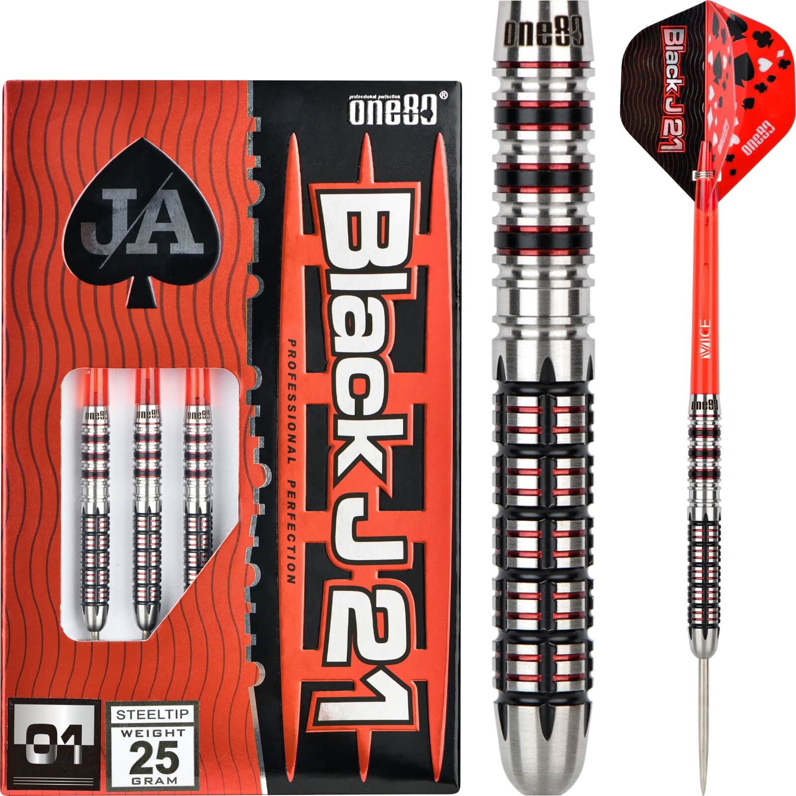 Darts - One80 - Black J21 01 Darts - Steel Tip - 90% Tungsten - 21g 23g 25g 