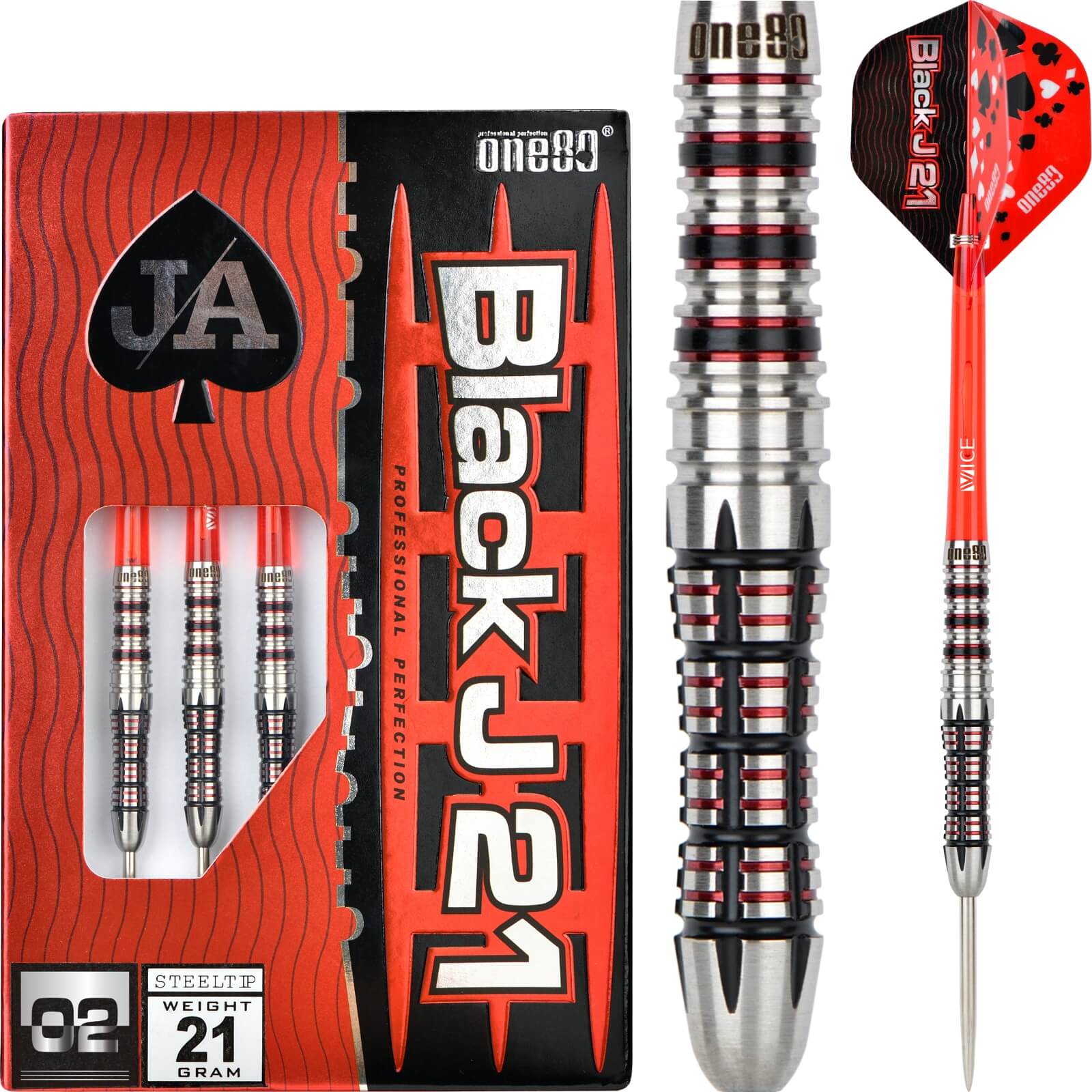 Darts - One80 - Black J21 02 Darts - Steel Tip - 90% Tungsten - 21g 23g 25g 