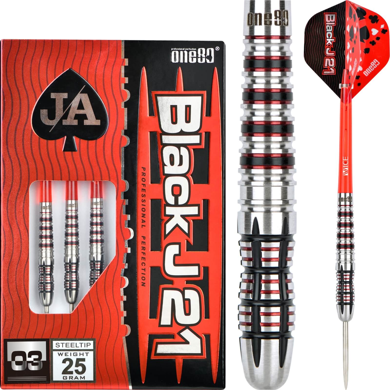 Darts - One80 - Black J21 03 Darts - Steel Tip - 90% Tungsten - 21g 23g 25g 