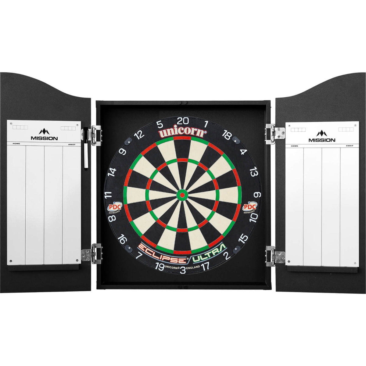 Cabinets &amp; Dartboards - Mission - Black Dartboard Cabinet &amp; Dartboard Bundle - Choose Your Board Unicorn - Eclipse Ultra