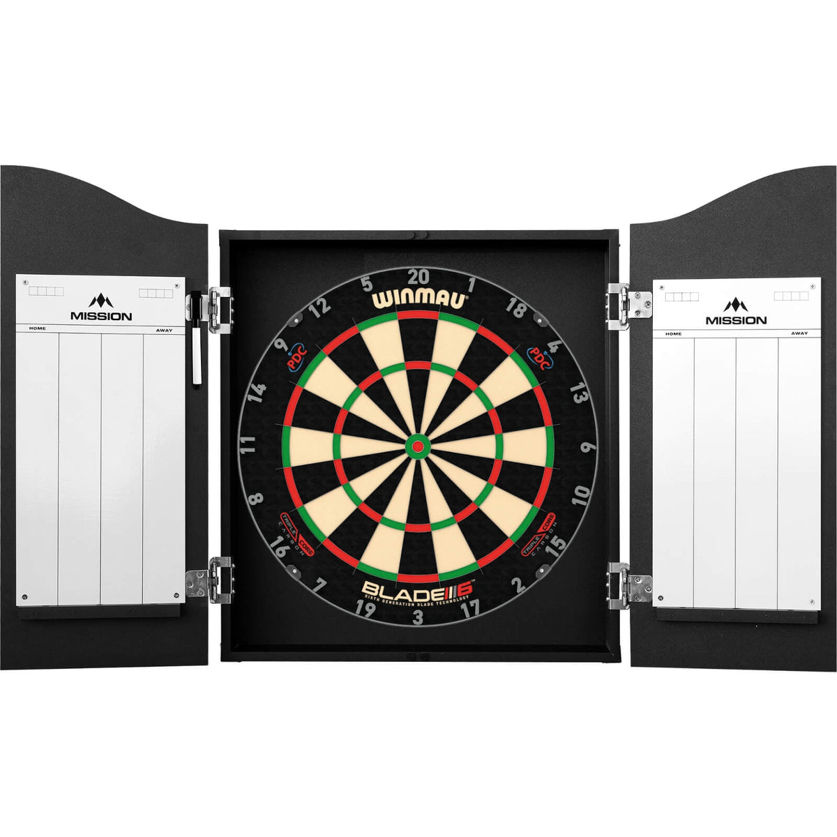 Cabinets &amp; Dartboards - Mission - Black Dartboard Cabinet &amp; Dartboard Bundle - Choose Your Board Winmau - Blade 6 Triple Core