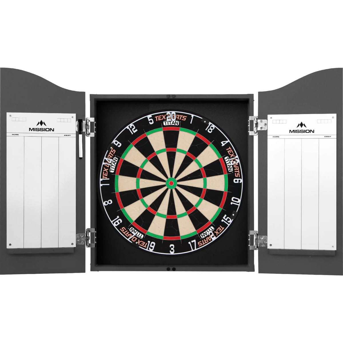 Cabinets &amp; Dartboards - Mission - Grey Dartboard Cabinet &amp; Dartboard Bundle - Choose Your Board Tex Darts - Titan