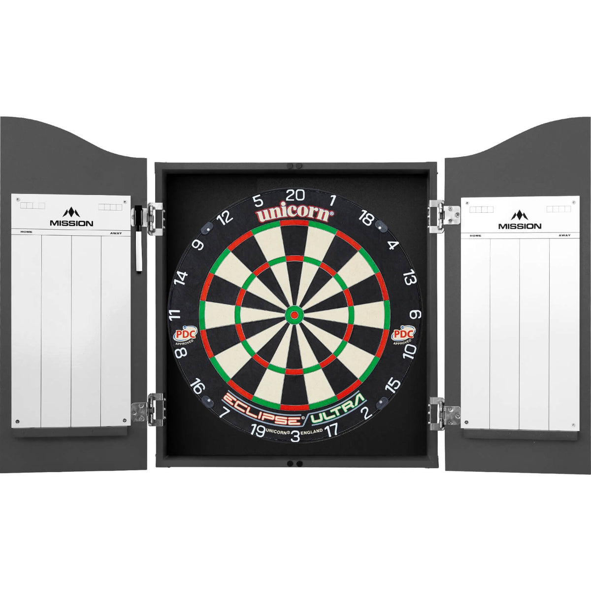 Cabinets &amp; Dartboards - Mission - Grey Dartboard Cabinet &amp; Dartboard Bundle - Choose Your Board Unicorn - Eclipse Ultra