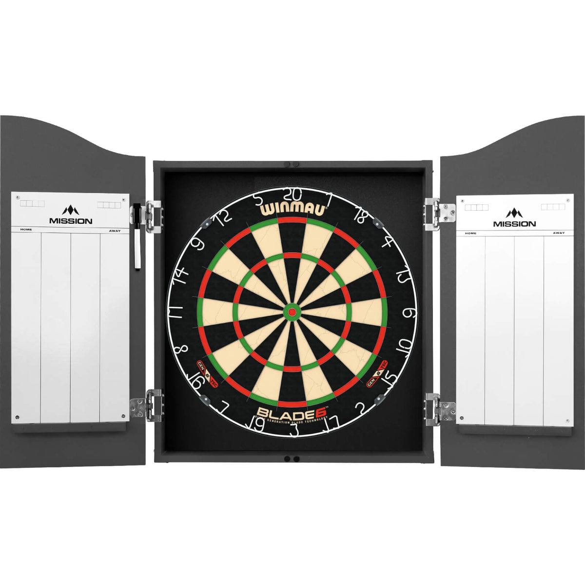 Cabinets &amp; Dartboards - Mission - Grey Dartboard Cabinet &amp; Dartboard Bundle - Choose Your Board Winmau - Blade 6