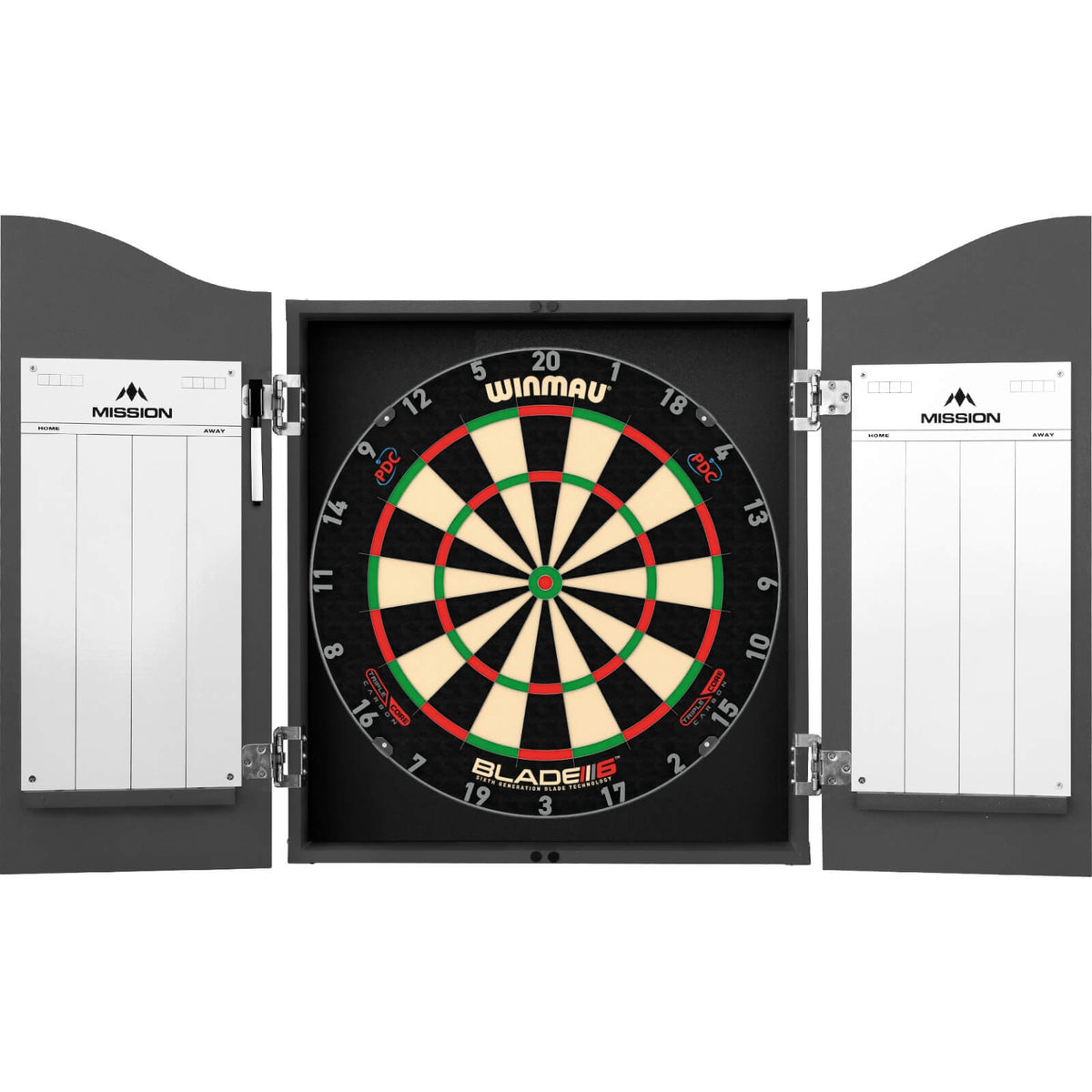 Cabinets &amp; Dartboards - Mission - Grey Dartboard Cabinet &amp; Dartboard Bundle - Choose Your Board Winmau - Blade 6 Triple Core