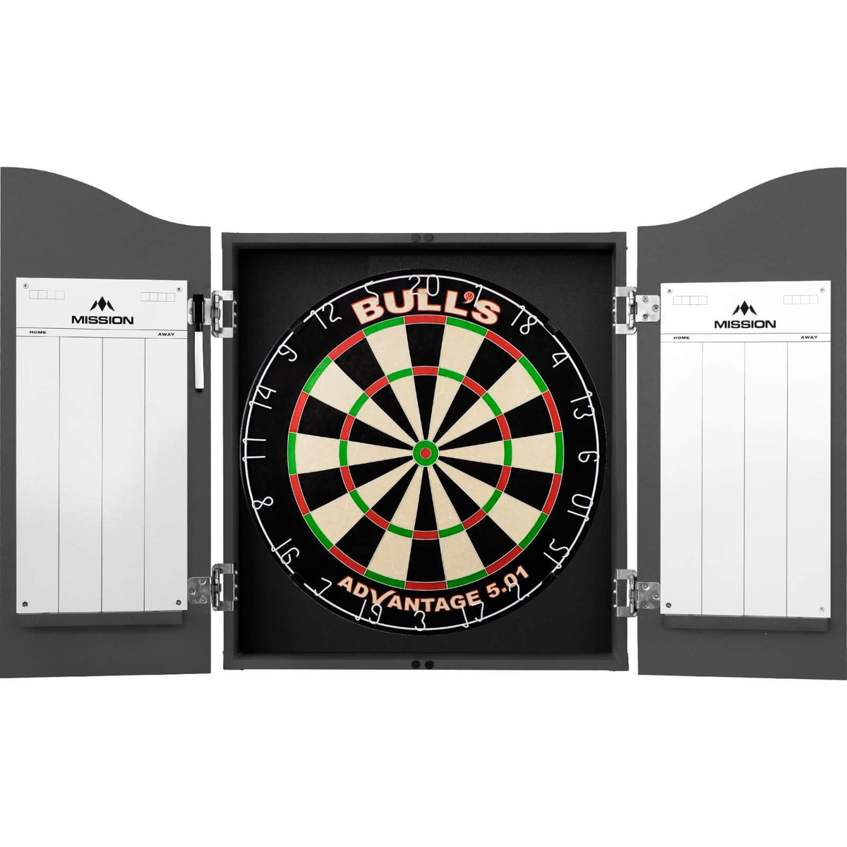 Cabinets &amp; Dartboards - Mission - Grey Dartboard Cabinet &amp; Dartboard Bundle - Choose Your Board Bulls NL - Advantage 501
