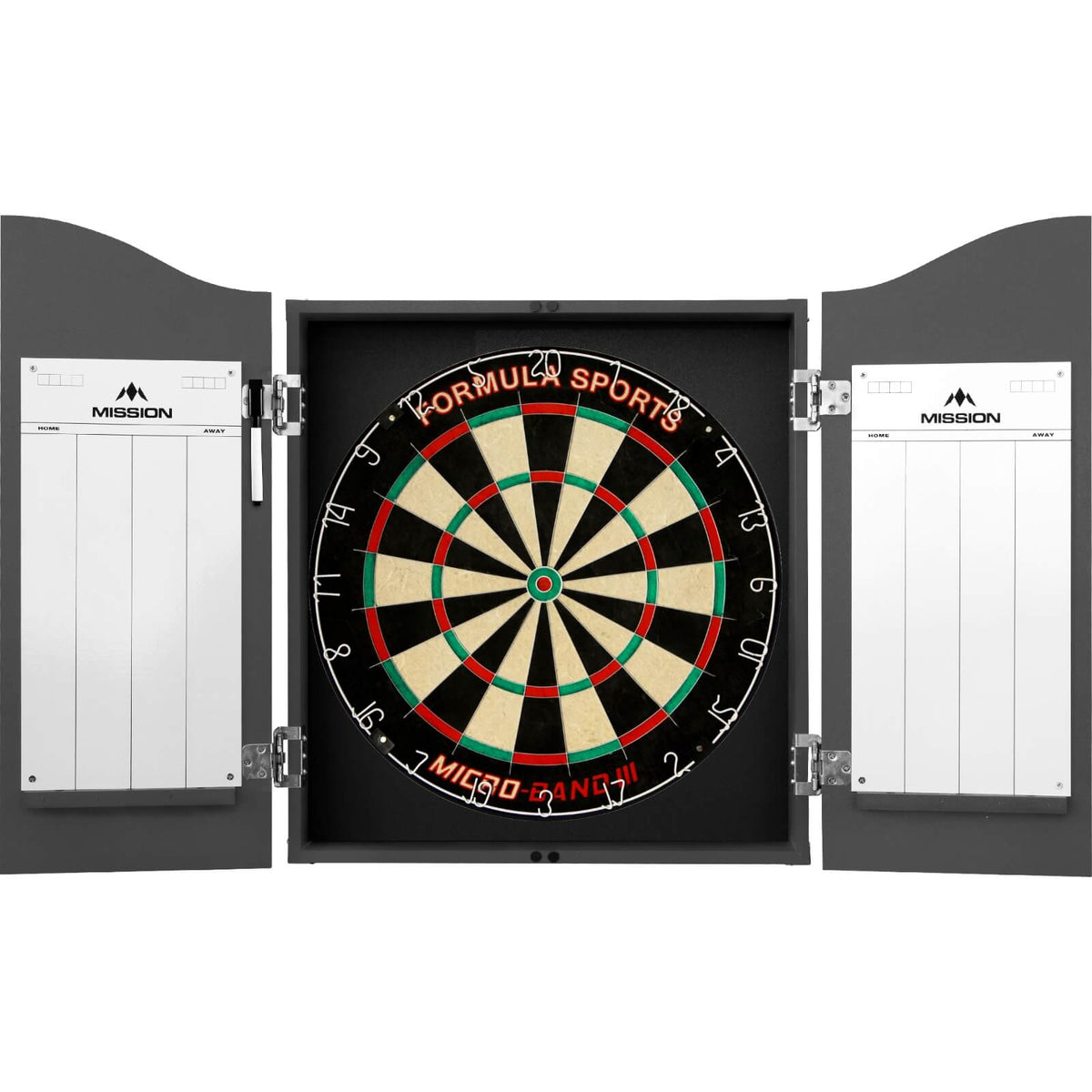 Cabinets &amp; Dartboards - Mission - Grey Dartboard Cabinet &amp; Dartboard Bundle - Choose Your Board Formula Sports - Micro Band 3