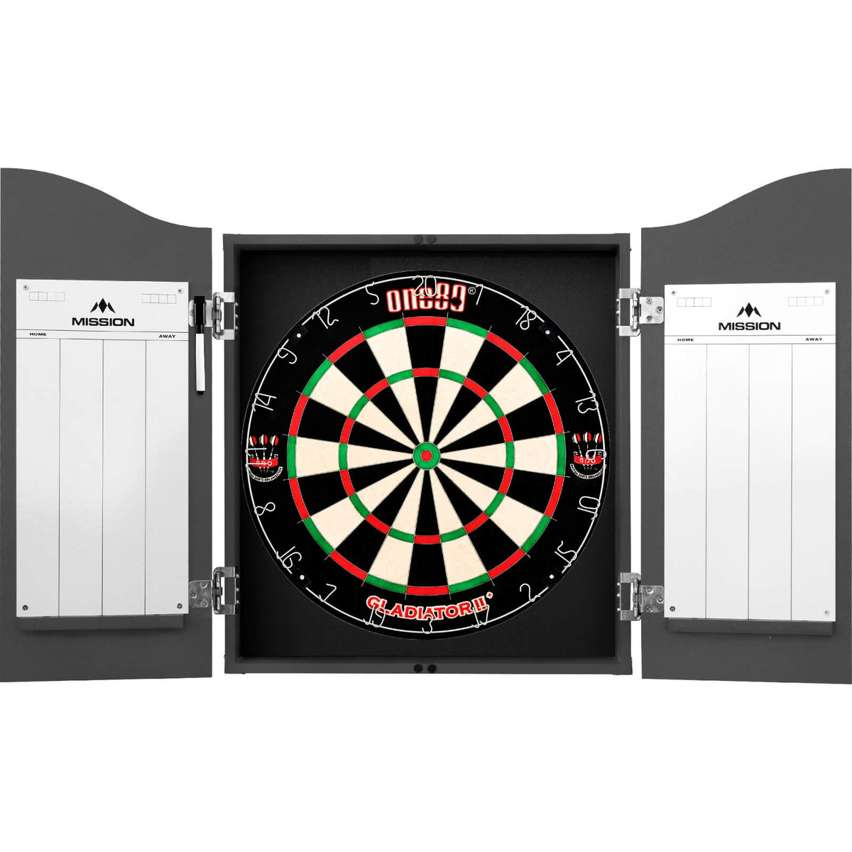 Cabinets &amp; Dartboards - Mission - Grey Dartboard Cabinet &amp; Dartboard Bundle - Choose Your Board One80 - Gladiator 2+