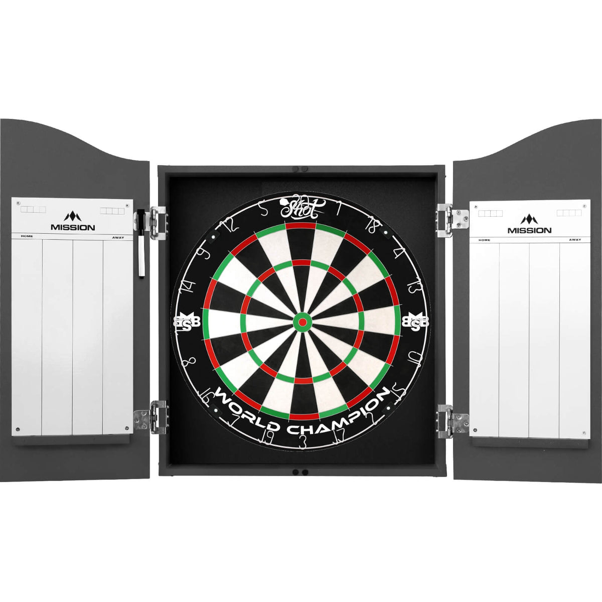 Cabinets &amp; Dartboards - Mission - Grey Dartboard Cabinet &amp; Dartboard Bundle - Choose Your Board Shot - Michael Smith