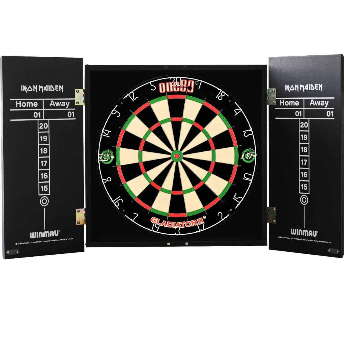 Cabinets &amp; Dartboards - Winmau - Iron Maiden The Trooper Dartboard Cabinet &amp; Dartboard Bundle - Choose Your Board One80 - Gladiator 3+