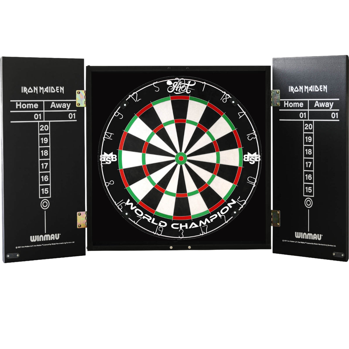 Cabinets &amp; Dartboards - Winmau - Iron Maiden The Trooper Dartboard Cabinet &amp; Dartboard Bundle - Choose Your Board Shot - Michael Smith
