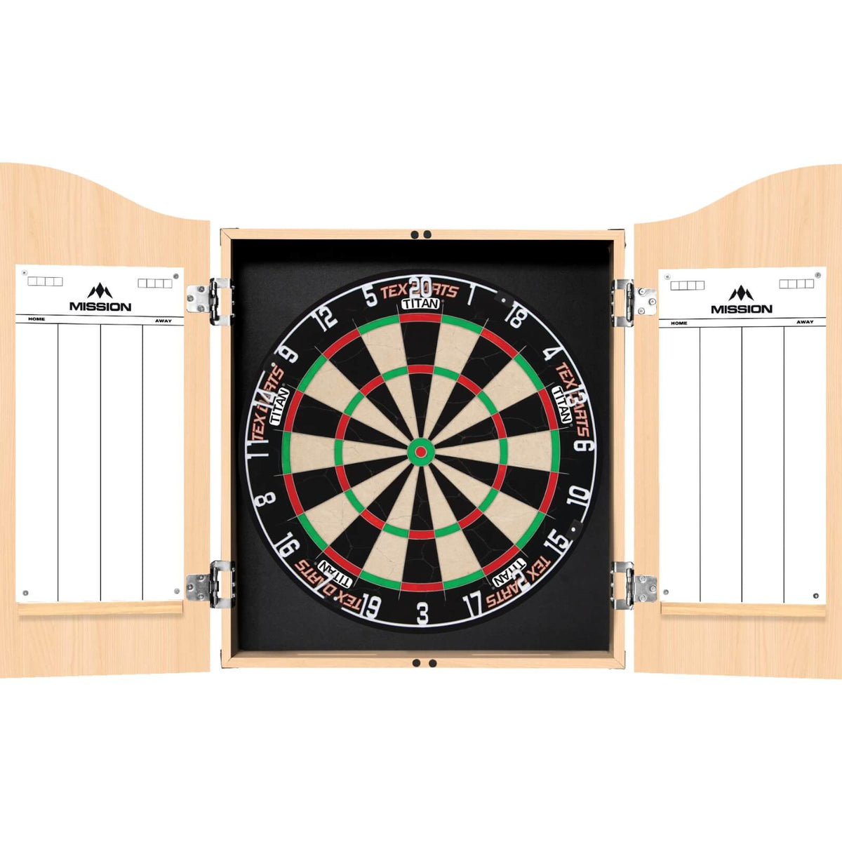 Cabinets &amp; Dartboards - Mission - Light Oak Dartboard Cabinet &amp; Dartboard Bundle - Choose Your Board Tex Darts - Titan