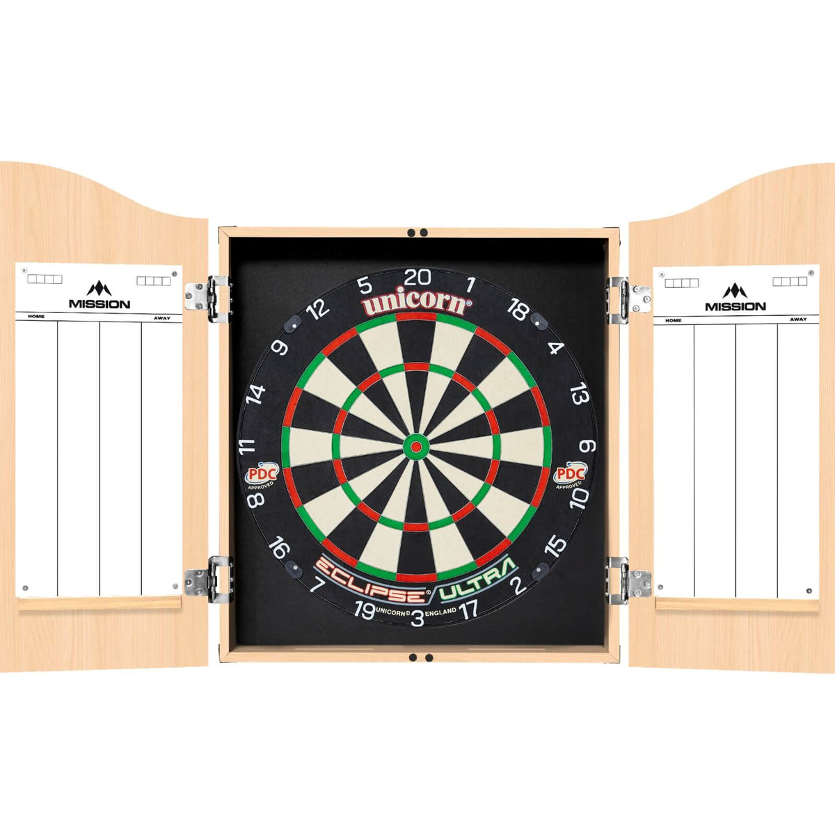 Cabinets &amp; Dartboards - Mission - Light Oak Dartboard Cabinet &amp; Dartboard Bundle - Choose Your Board Unicorn - Eclipse Ultra