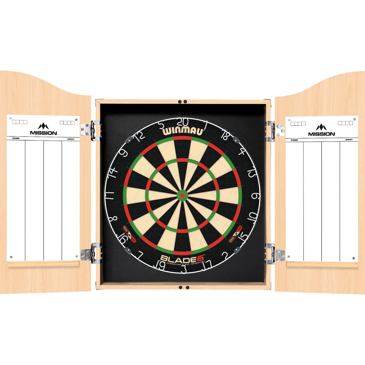 Cabinets &amp; Dartboards - Mission - Light Oak Dartboard Cabinet &amp; Dartboard Bundle - Choose Your Board Winmau - Blade 6