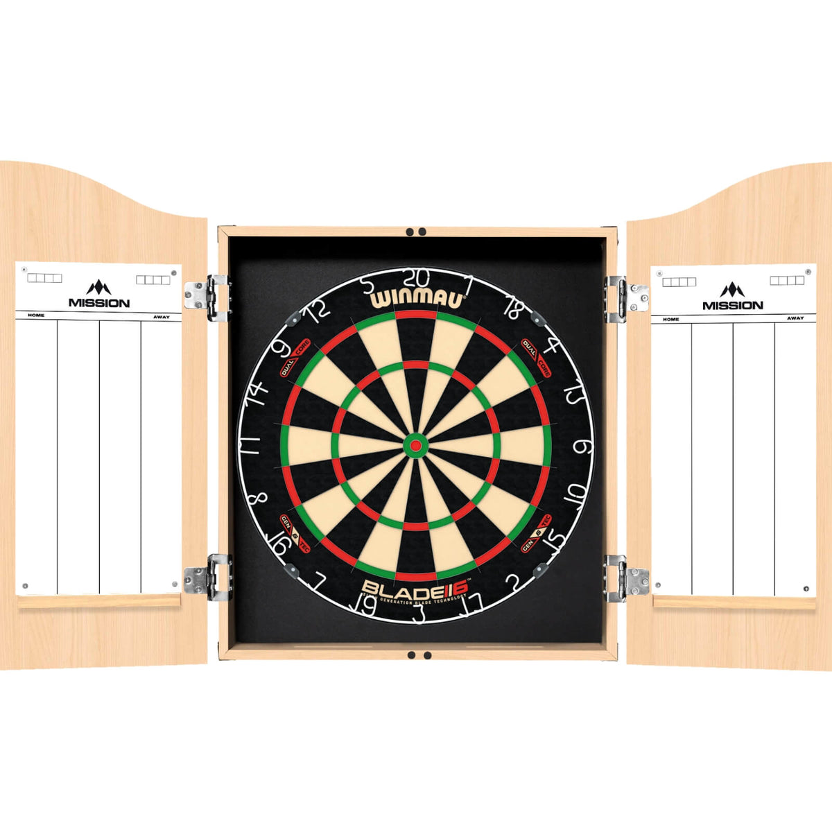 Cabinets &amp; Dartboards - Mission - Light Oak Dartboard Cabinet &amp; Dartboard Bundle - Choose Your Board Winmau - Blade 6 Dual Core