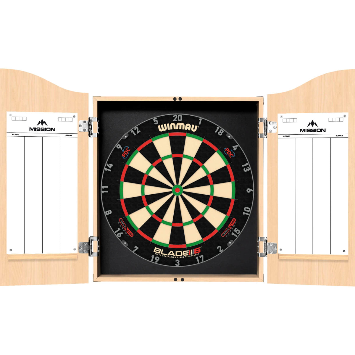 Cabinets &amp; Dartboards - Mission - Light Oak Dartboard Cabinet &amp; Dartboard Bundle - Choose Your Board Winmau - Blade 6 Triple Core