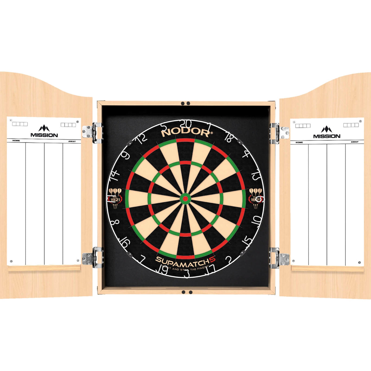 Cabinets &amp; Dartboards - Mission - Light Oak Dartboard Cabinet &amp; Dartboard Bundle - Choose Your Board Nodor - Supamatch 5