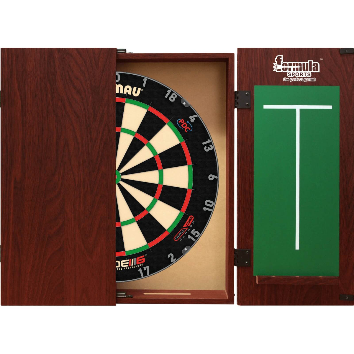 Cabinets &amp; Dartboards - Formula Sports - Mahogany Dartboard Cabinet &amp; Dartboard Bundle - Choose Your Board Winmau - Blade 6 Triple Core