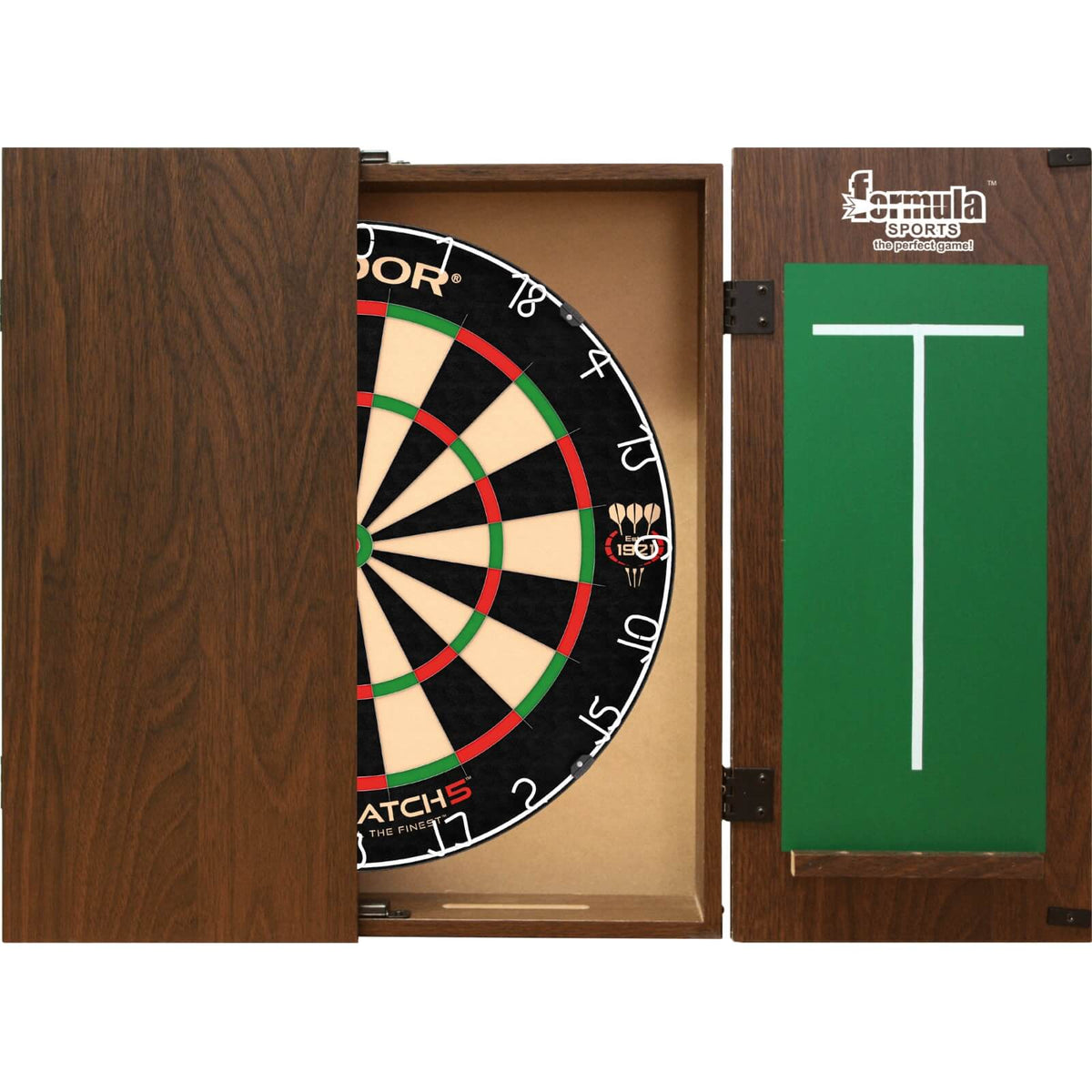 Cabinets &amp; Dartboards - Formula Sports - Walnut Dartboard Cabinet &amp; Dartboard Bundle - Choose Your Board Nodor - Supamatch 5