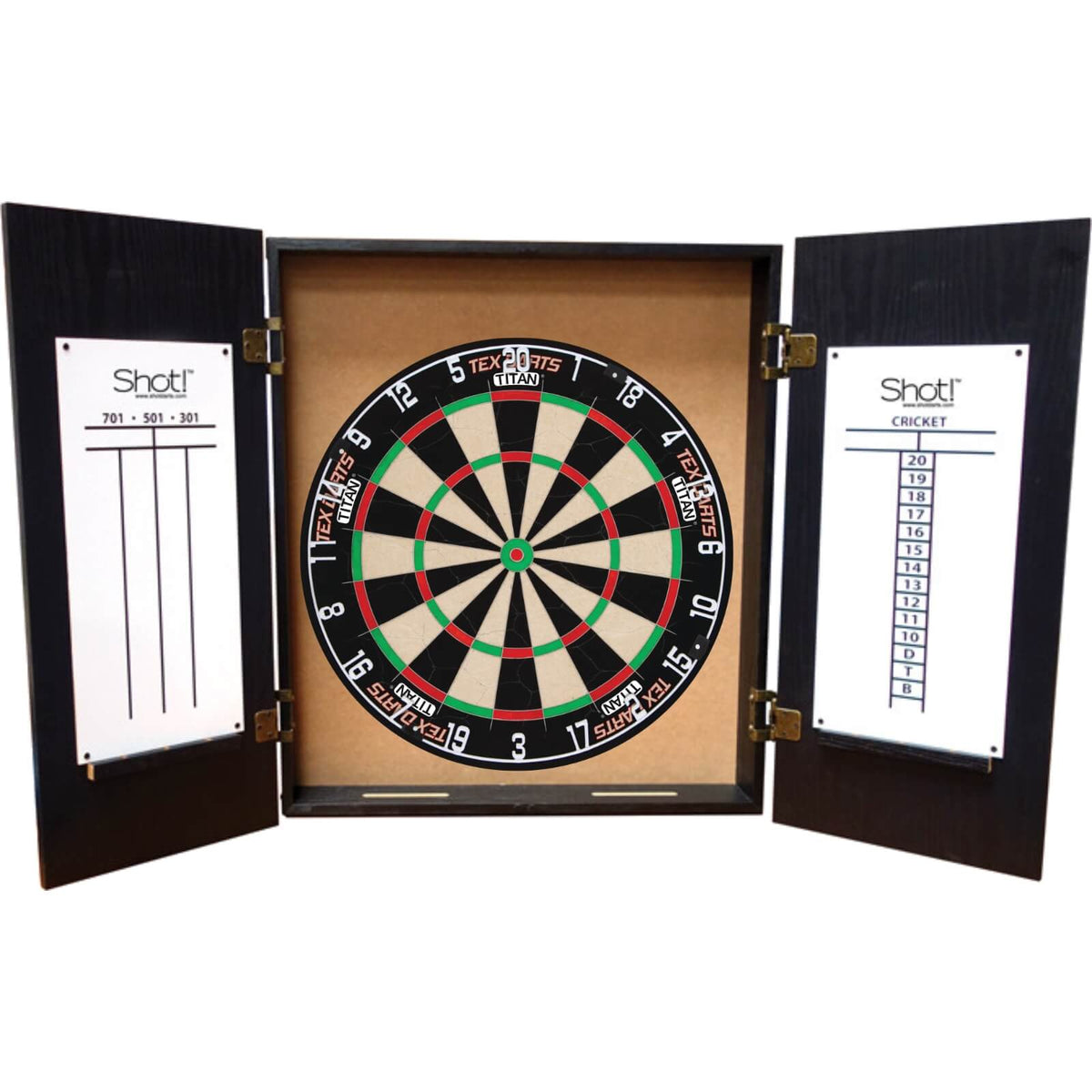 Cabinets &amp; Dartboards - Shot - Quantum Dartboard Cabinet &amp; Dartboard Bundle - Choose Your Board Tex Darts - Titan
