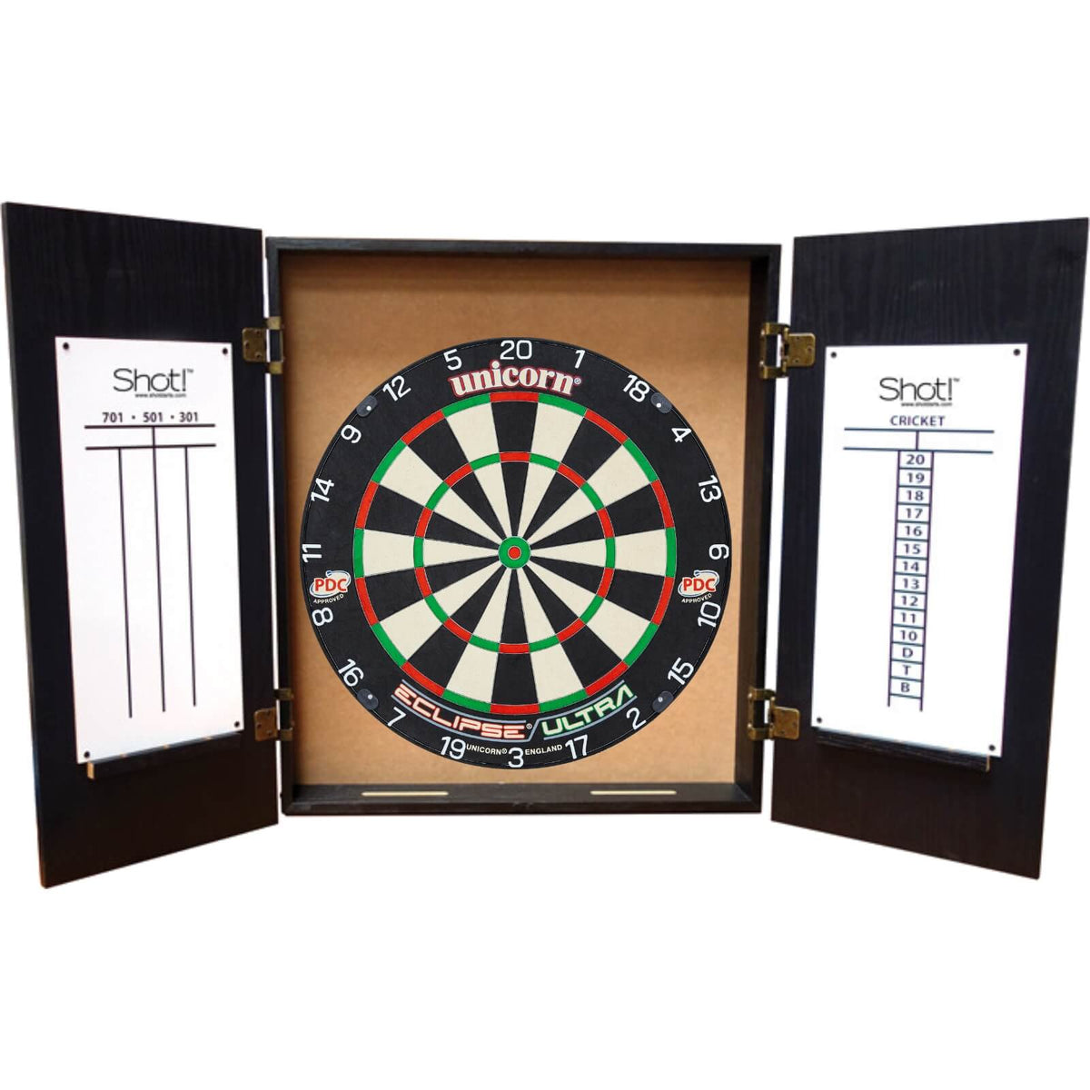 Cabinets &amp; Dartboards - Shot - Quantum Dartboard Cabinet &amp; Dartboard Bundle - Choose Your Board Unicorn - Eclipse Ultra