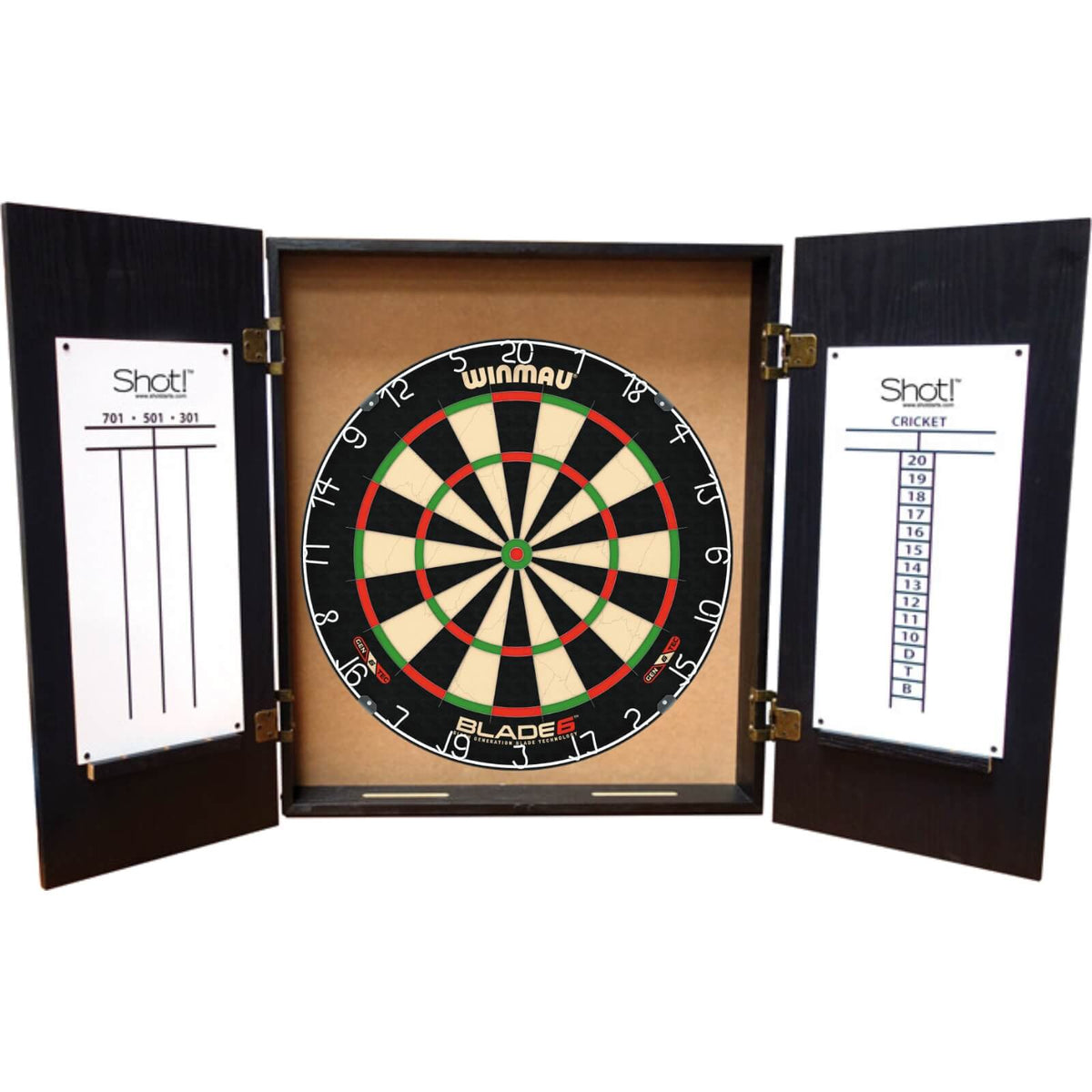 Cabinets &amp; Dartboards - Shot - Quantum Dartboard Cabinet &amp; Dartboard Bundle - Choose Your Board Winmau - Blade 6