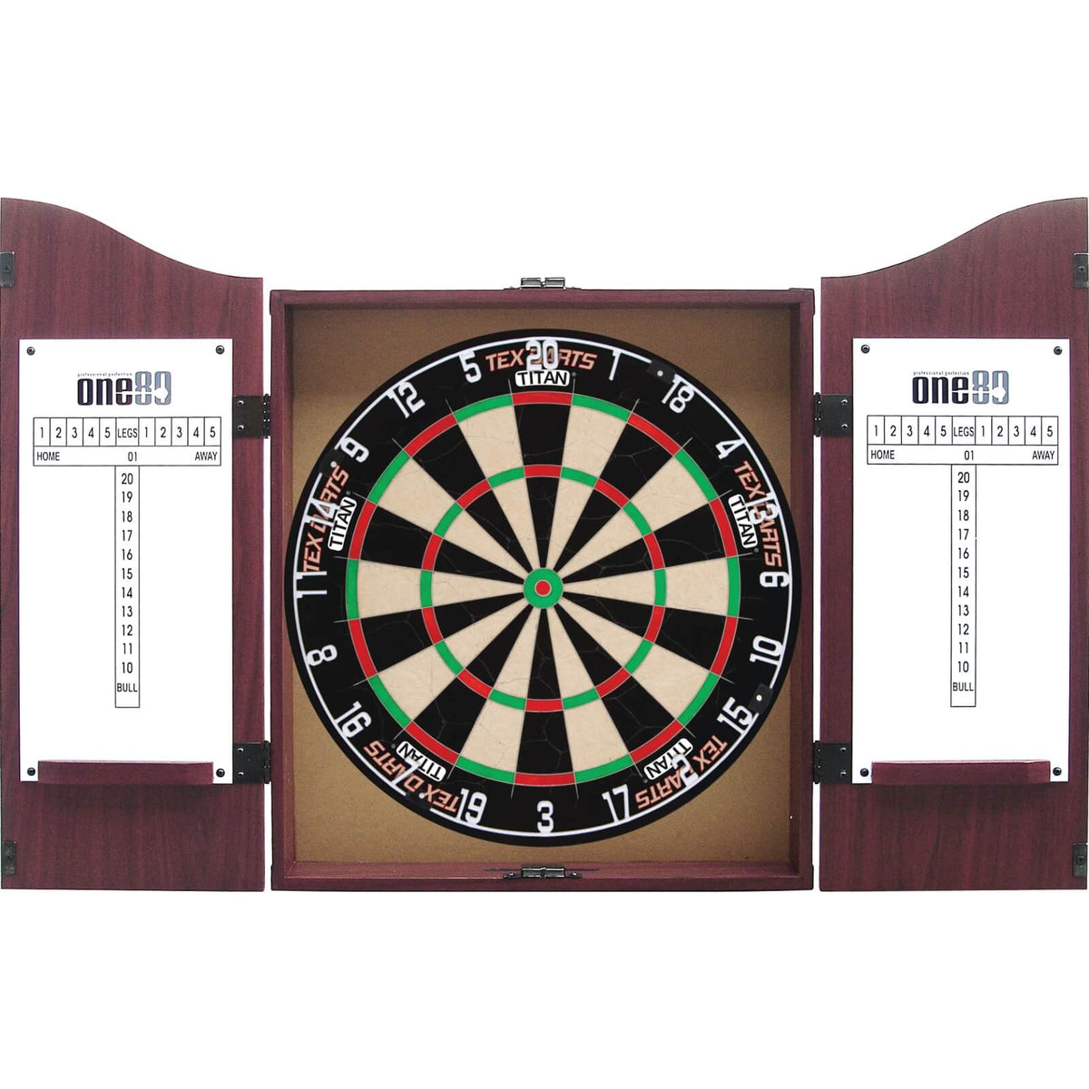 Cabinets &amp; Dartboards - One80 - Rosewood Dartboard Cabinet &amp; Dartboard Bundle - Choose Your Board Tex Darts - Titan