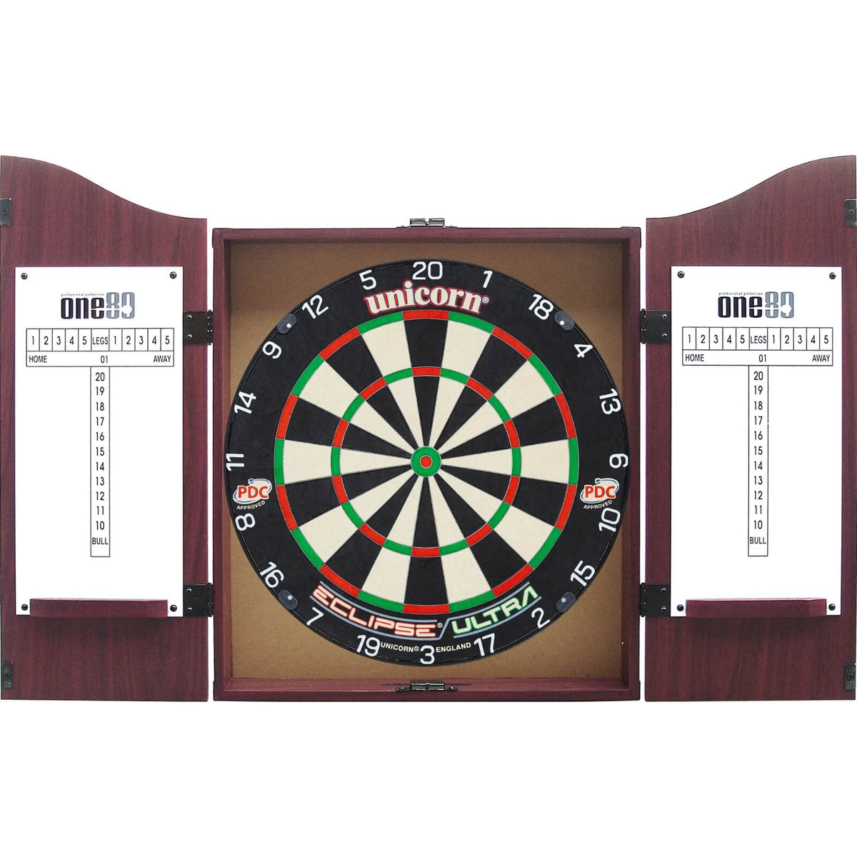 Cabinets &amp; Dartboards - One80 - Rosewood Dartboard Cabinet &amp; Dartboard Bundle - Choose Your Board Unicorn - Eclipse Ultra