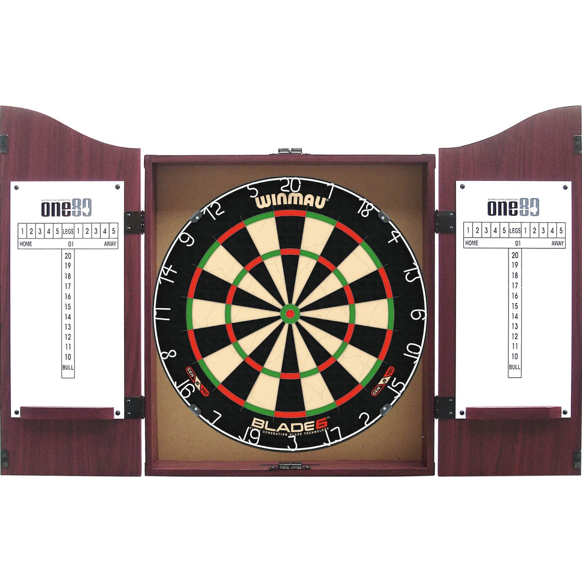 Cabinets &amp; Dartboards - One80 - Rosewood Dartboard Cabinet &amp; Dartboard Bundle - Choose Your Board Winmau - Blade 6