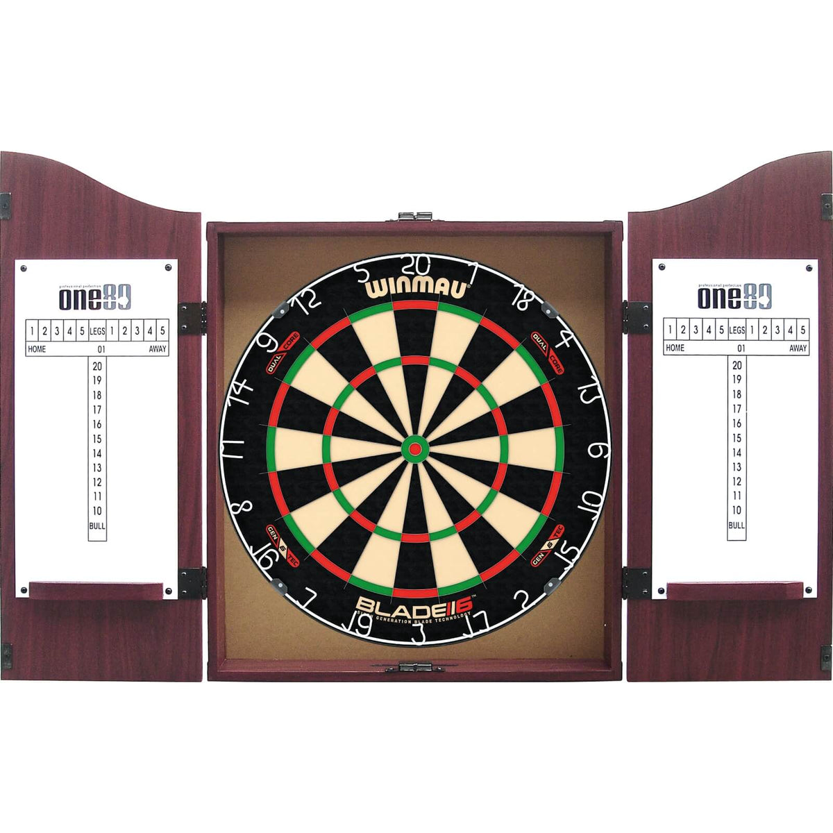 Cabinets &amp; Dartboards - One80 - Rosewood Dartboard Cabinet &amp; Dartboard Bundle - Choose Your Board Winmau - Blade 6 Dual Core