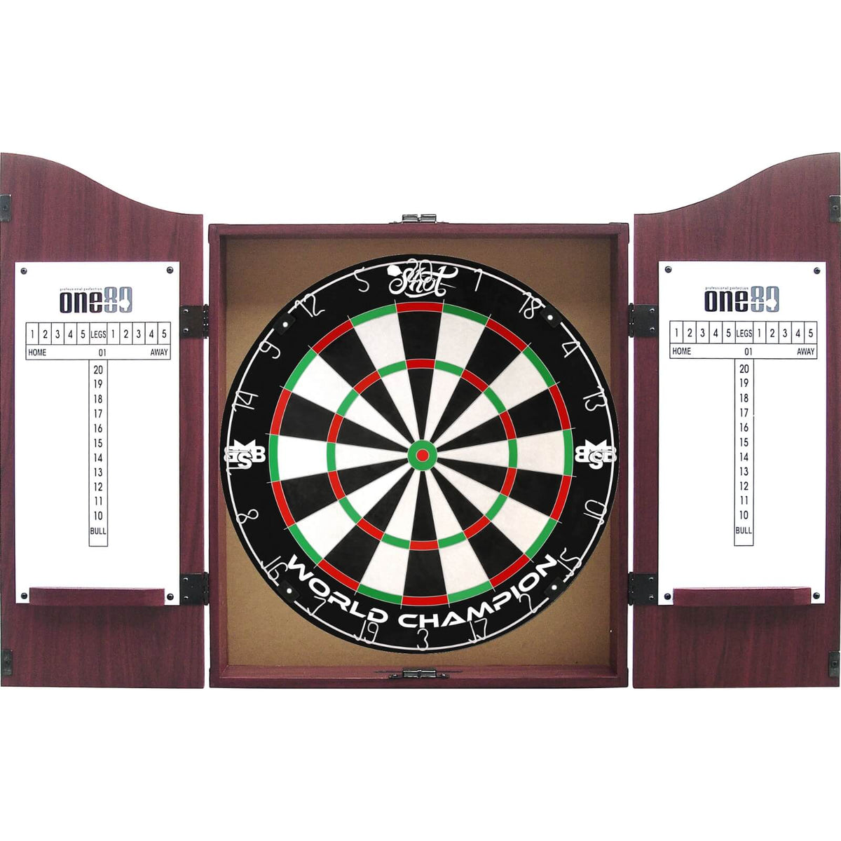 Cabinets &amp; Dartboards - One80 - Rosewood Dartboard Cabinet &amp; Dartboard Bundle - Choose Your Board Shot - Michael Smith