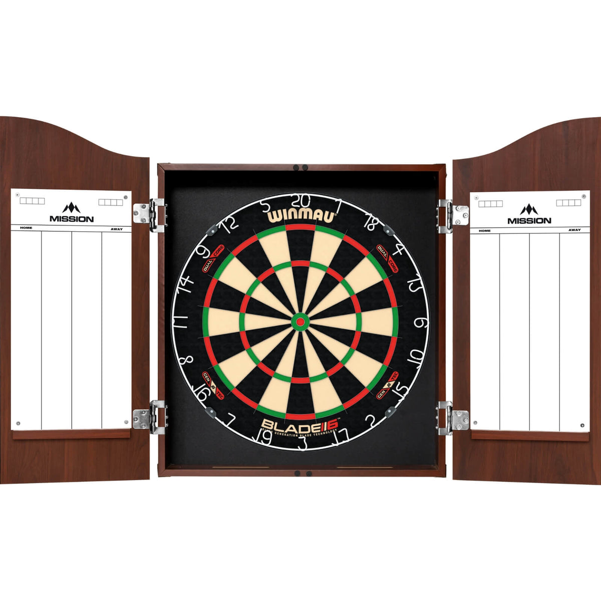 Cabinets &amp; Dartboards - Mission - Sedona Red Dartboard Cabinet &amp; Dartboard Bundle - Choose Your Board Winmau - Blade 6 Dual Core
