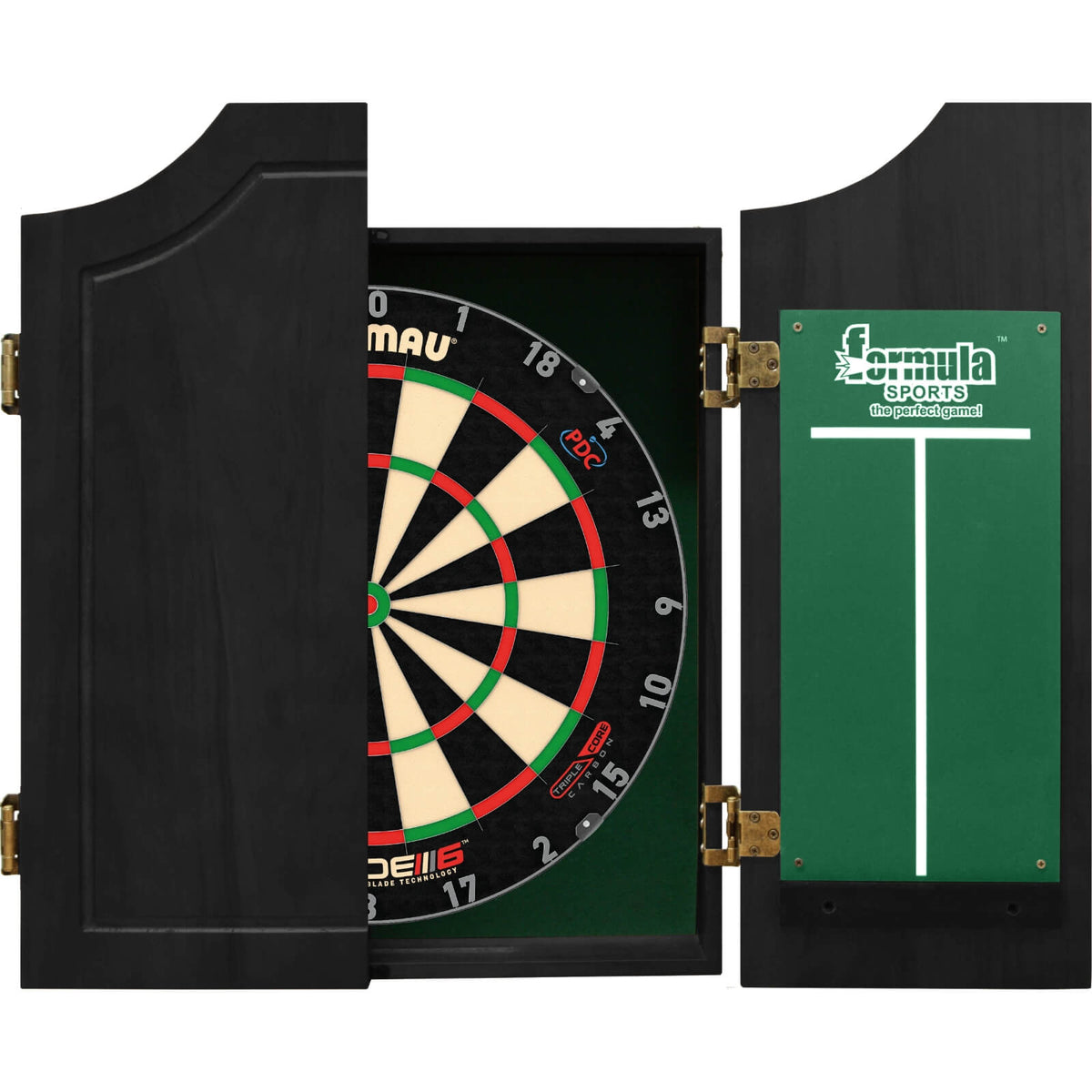 Cabinets &amp; Dartboards - Formula Sports - Black Solid Wood Dartboard Cabinet &amp; Dartboard Bundle - Choose Your Board Winmau - Blade 6 Triple Core