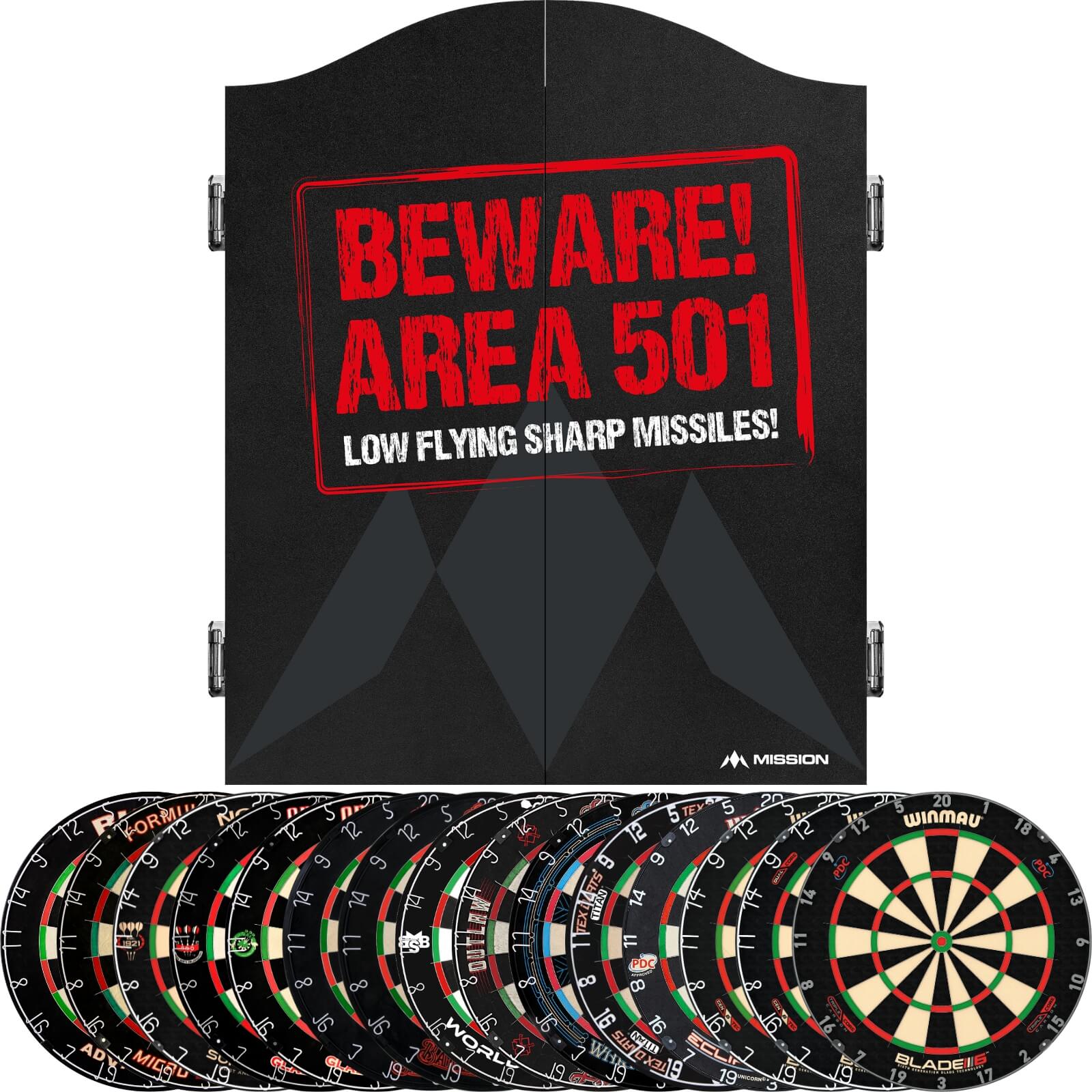 Cabinets & Dartboards - Mission - Beware Area 501 Dartboard Cabinet & Dartboard Bundle - Choose Your Board 