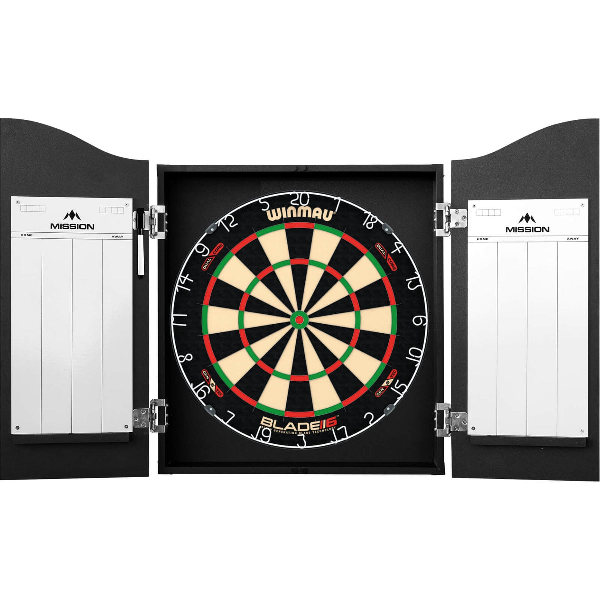 Cabinets &amp; Dartboards - Mission - Caution Area 501 Dartboard Cabinet &amp; Dartboard Bundle - Choose Your Board Winmau - Blade 6 Dual Core