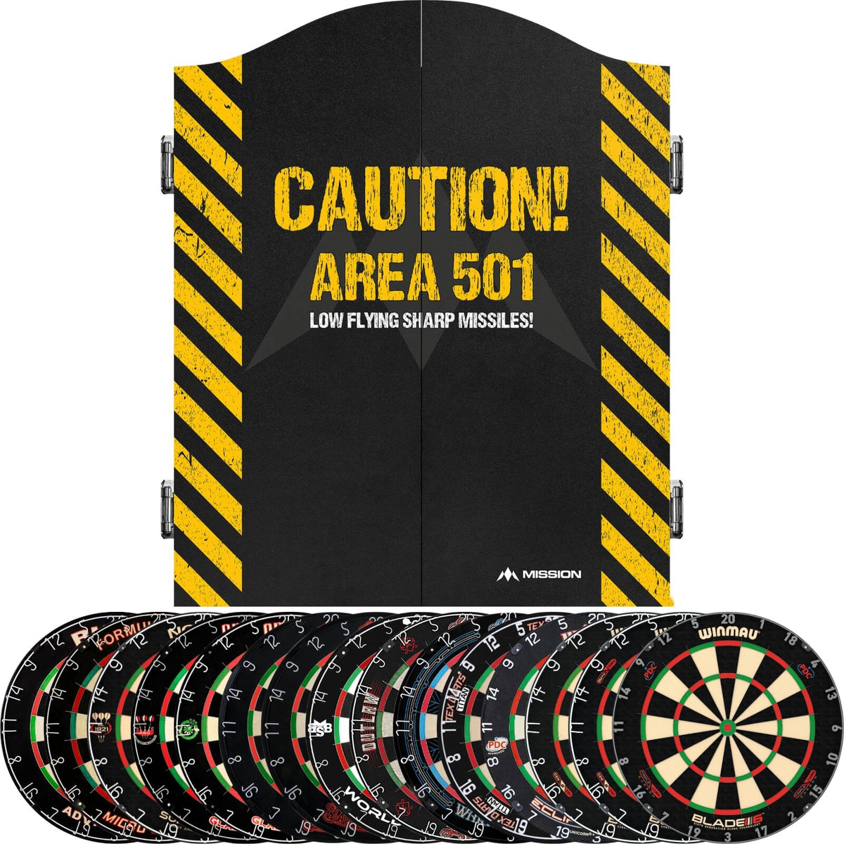 Cabinets &amp; Dartboards - Mission - Caution Area 501 Dartboard Cabinet &amp; Dartboard Bundle - Choose Your Board 