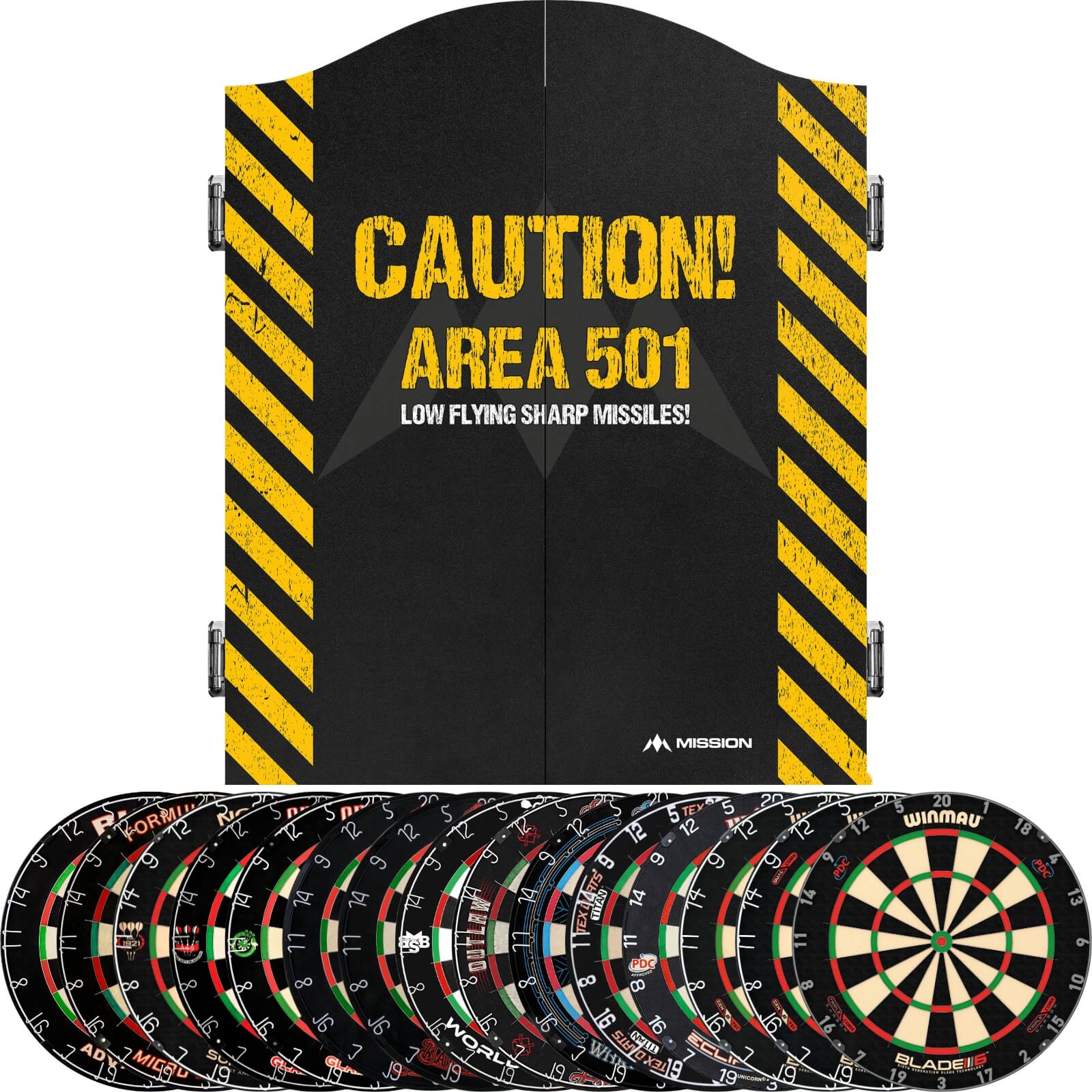 Cabinets & Dartboards - Mission - Caution Area 501 Dartboard Cabinet & Dartboard Bundle - Choose Your Board 