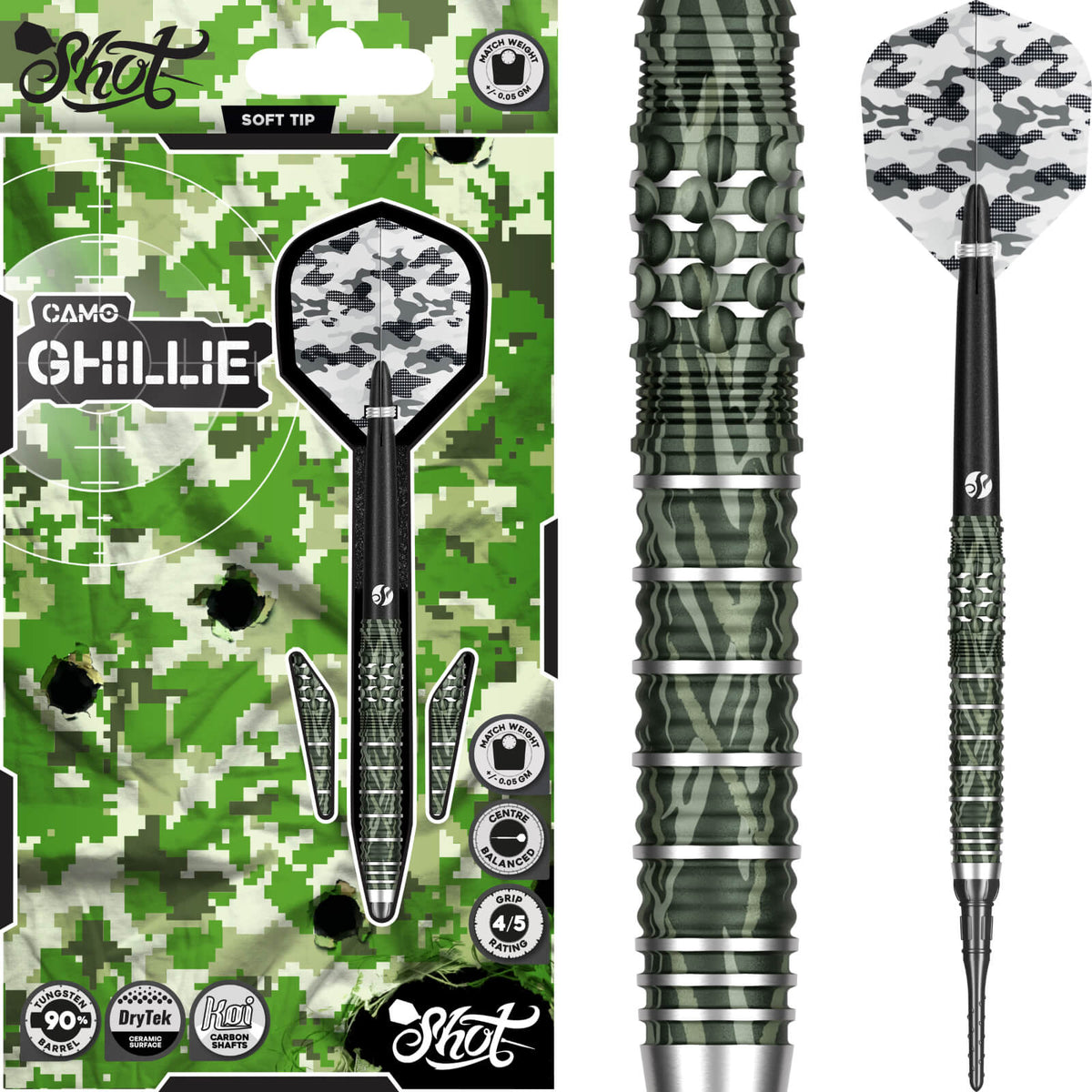 Shot - Camo Ghillie Darts - Soft Tip - 90% Tungsten - 20g