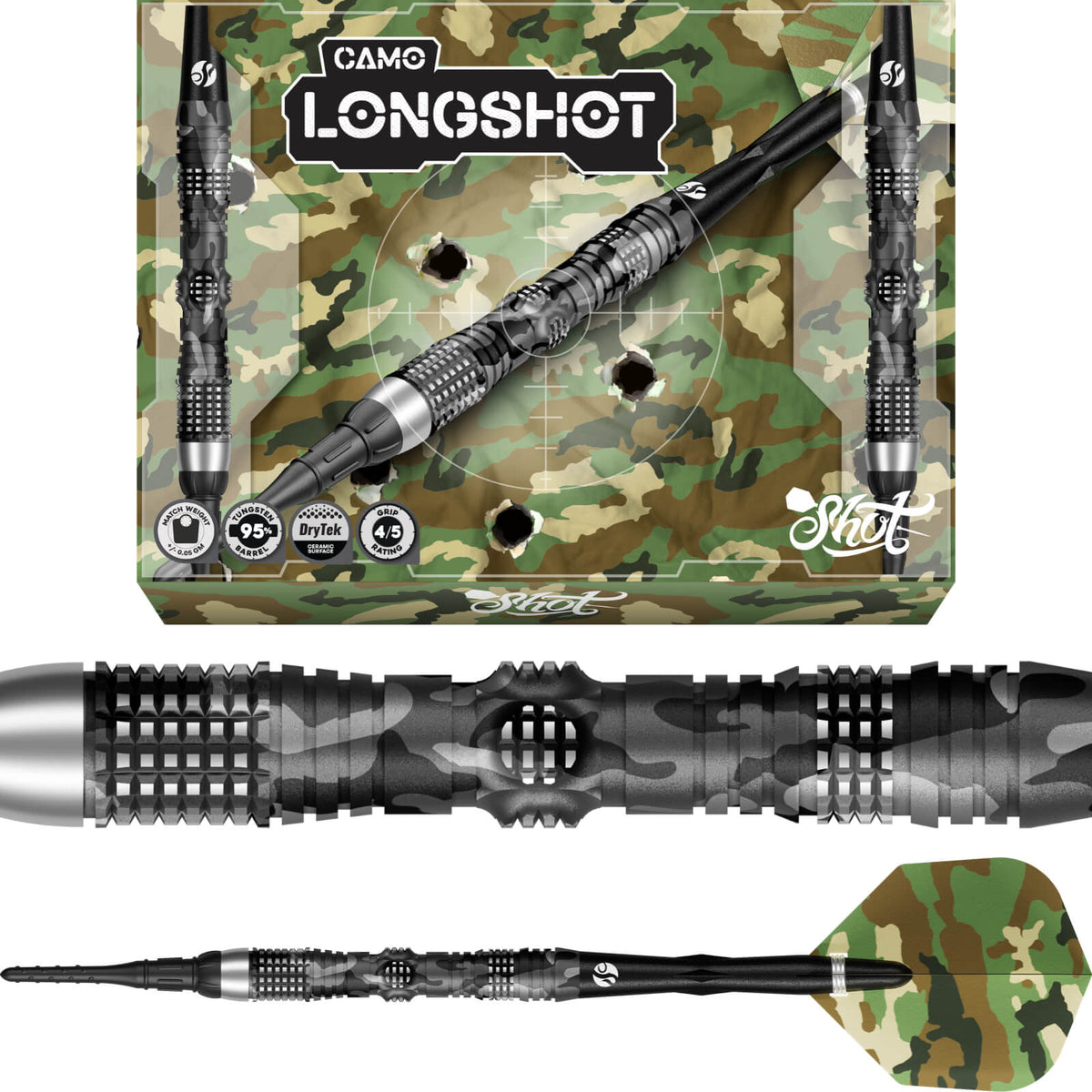Shot - Camo Longshot Darts - Soft Tip - 95% Tungsten - 20g