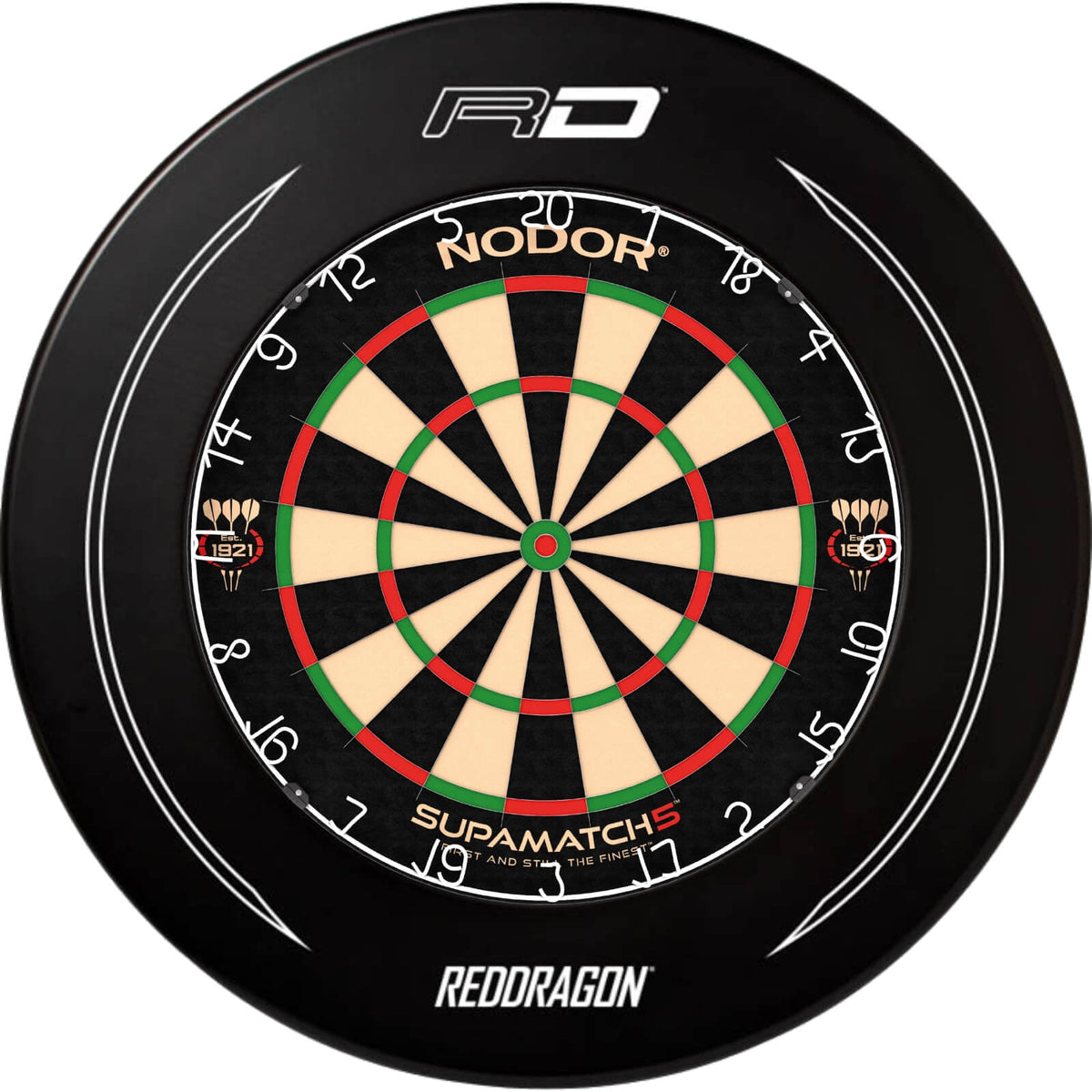 Surrounds &amp; Dartboards - Red Dragon - Printed Dartboard Surround &amp; Dartboard Bundle - Choose Your Board Black / Nodor - Supamatch 5