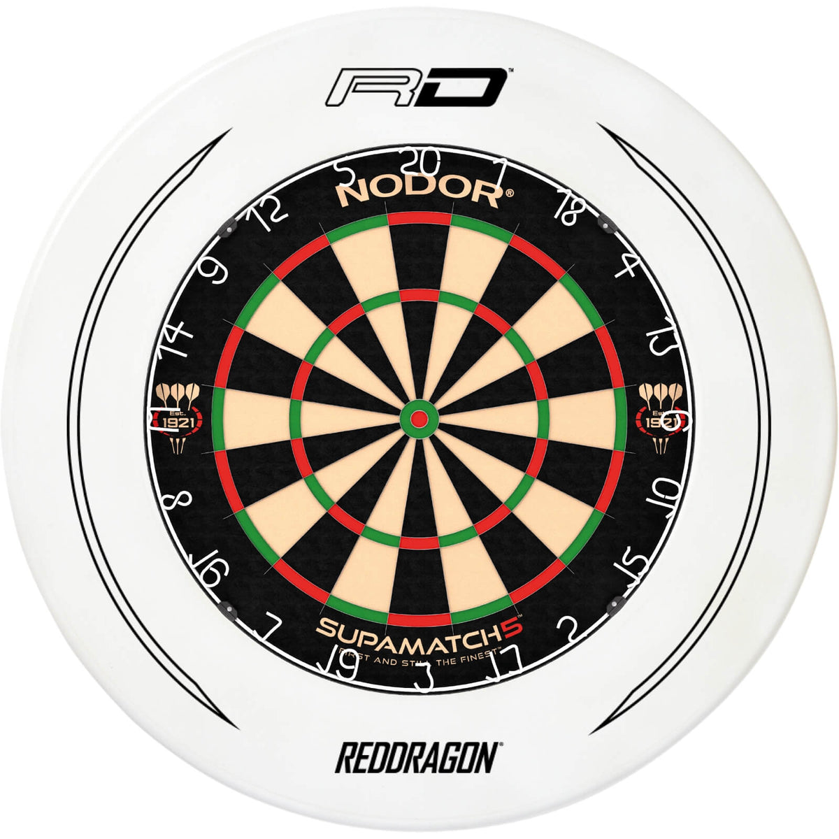 Surrounds &amp; Dartboards - Red Dragon - Printed Dartboard Surround &amp; Dartboard Bundle - Choose Your Board White / Nodor - Supamatch 5