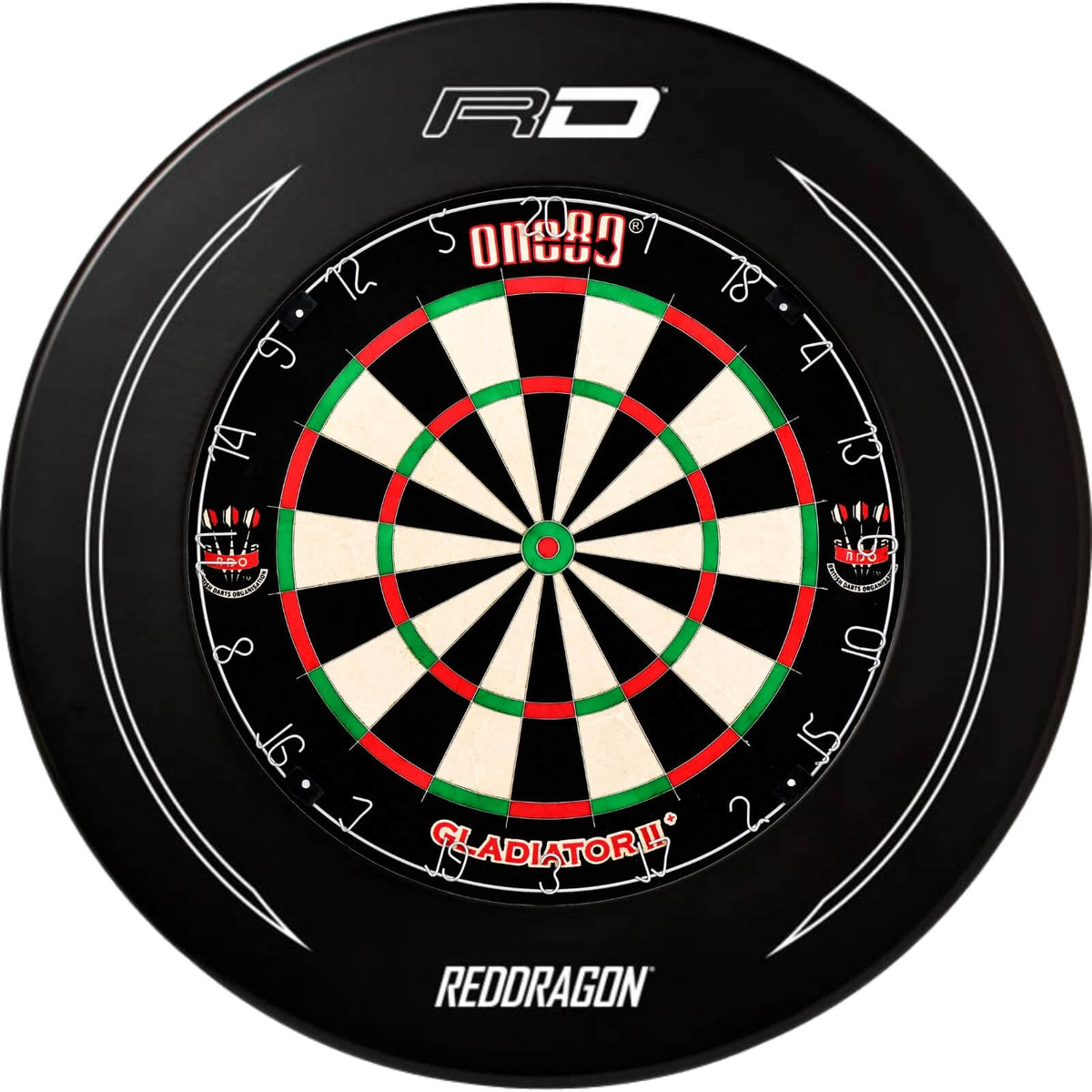 Surrounds &amp; Dartboards - Red Dragon - Printed Dartboard Surround &amp; Dartboard Bundle - Choose Your Board Black / One80 - Gladiator 2+